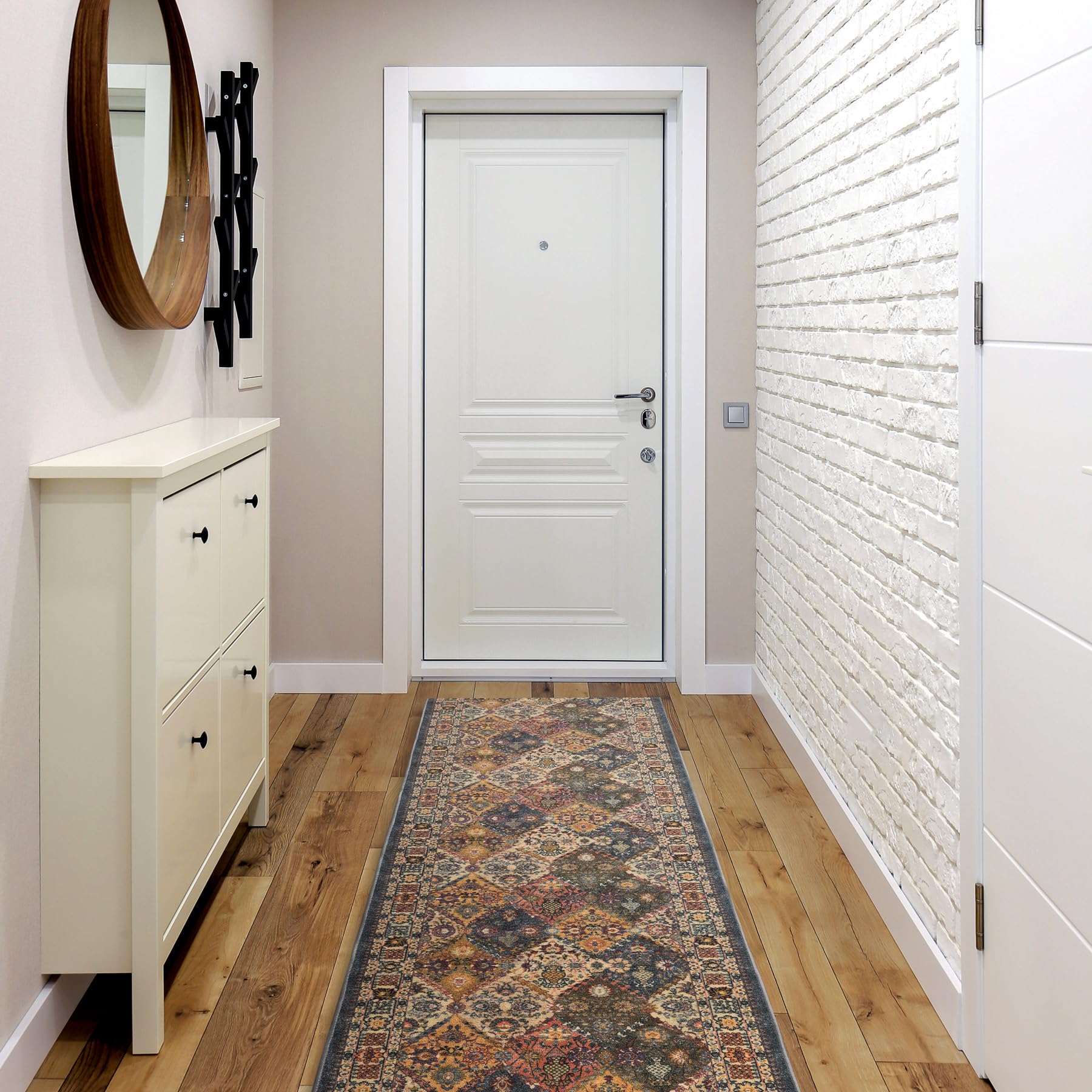 rugsx Alfombra de Pasillo Antideslizante - Diseño Modern Classic - Beige/Gris - Resistente y Fácil de Limpiar para Pasillo, Cocina, Entrada 67x150 cm