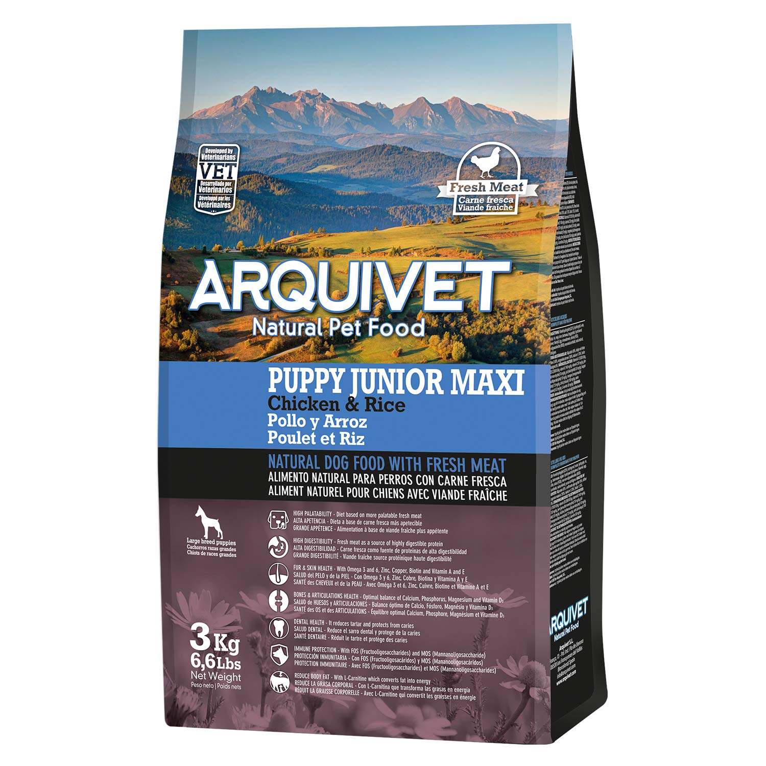 Arquivet Pienso Natural para Cachorros de Razas Grandes - Puppy Junior Maxi Pollo y Arroz, 3 kg (Paquete de 1)