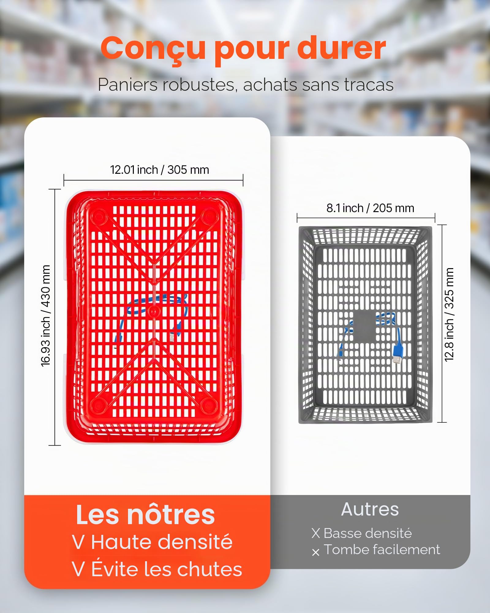 VEVOR Panier de Courses Plastique PE Panier à Provisions Empilables, Lot de 12, 21 L avec Poignées, Structure Maille Dense, Charge 9 kg, pour Épicerie, Vente au Détail, Magasins, Supermarchés, Rouge