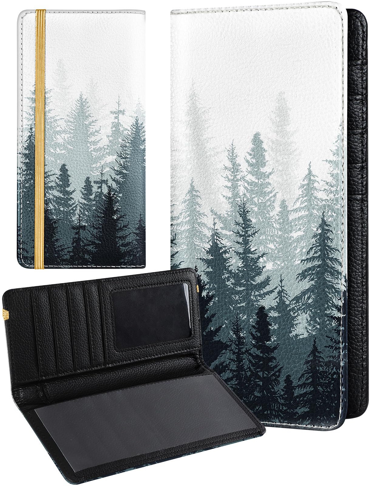 Slohif Checkbook Cover for Personal Duplicate Checks - Leather Check Book Wallet Holder for Women Black Forest Top Side Tear