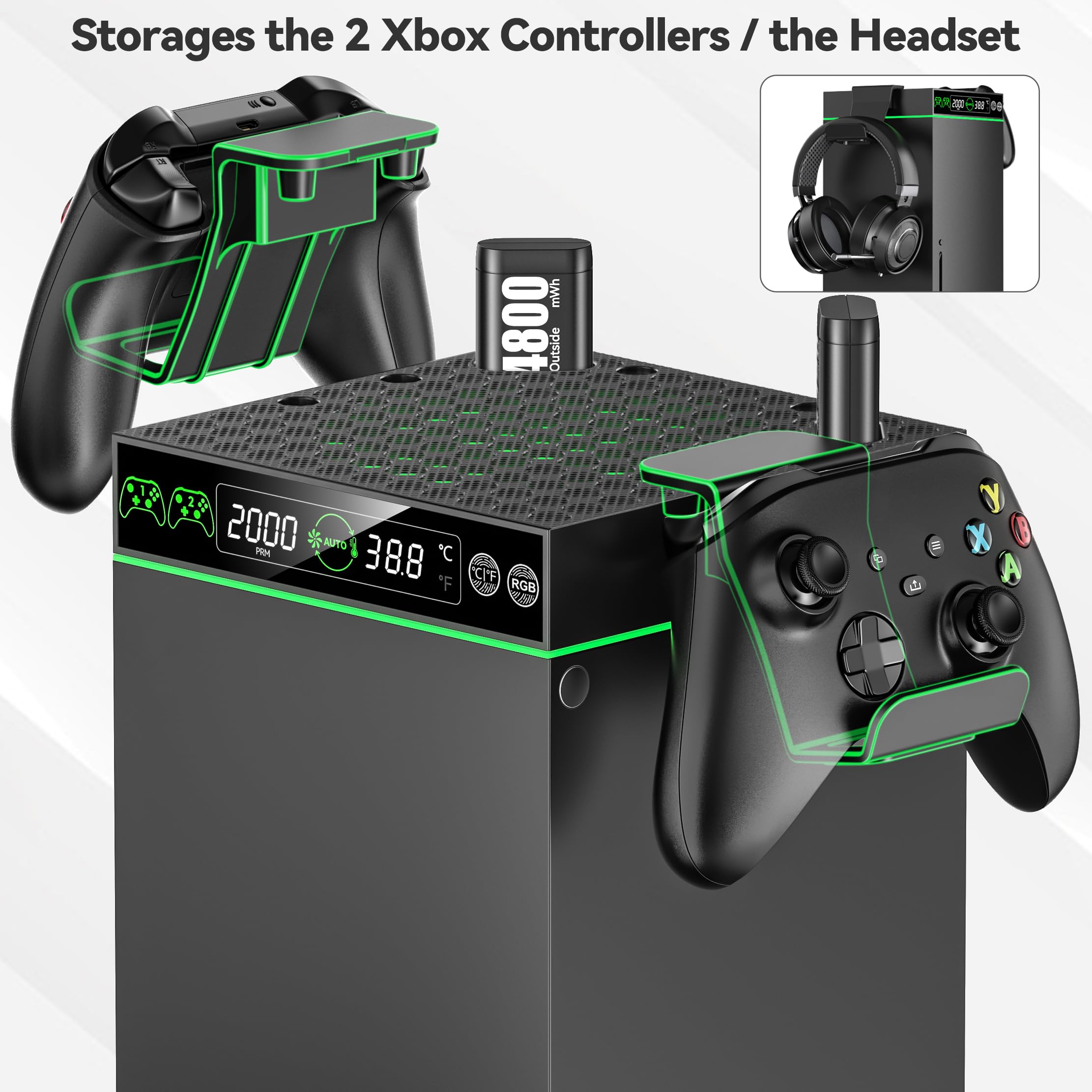 Ventilateur de Refroidissement Automatique X-box pour les Séries X box X & S avec 9 Modes d’éclairage, Chargeur de Batterie X-box avec 2×4800 mWh Batteries Rechargeables, Accessoire X-box Series X