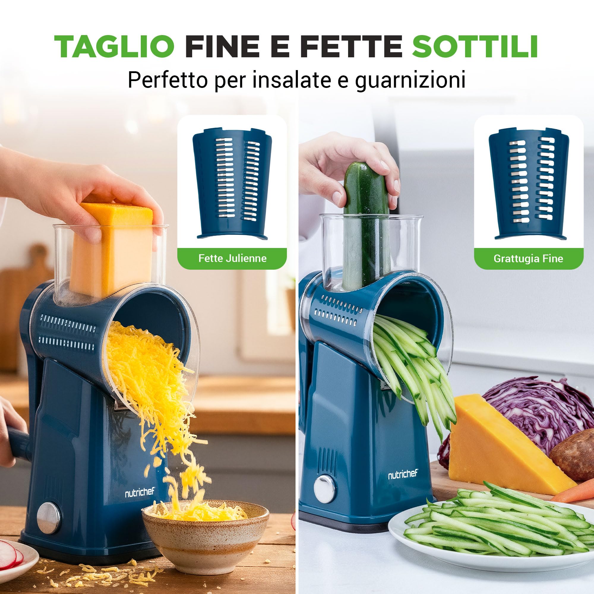 NutriChef Mandolina per Verdure 5 in 1 e Grattugia Formaggio per Cucina, Affetta Verdure con 5 Lame Intercambiabili, Manovella, Base a Ventosa e Contenitore, Accessori Cucina, Blu