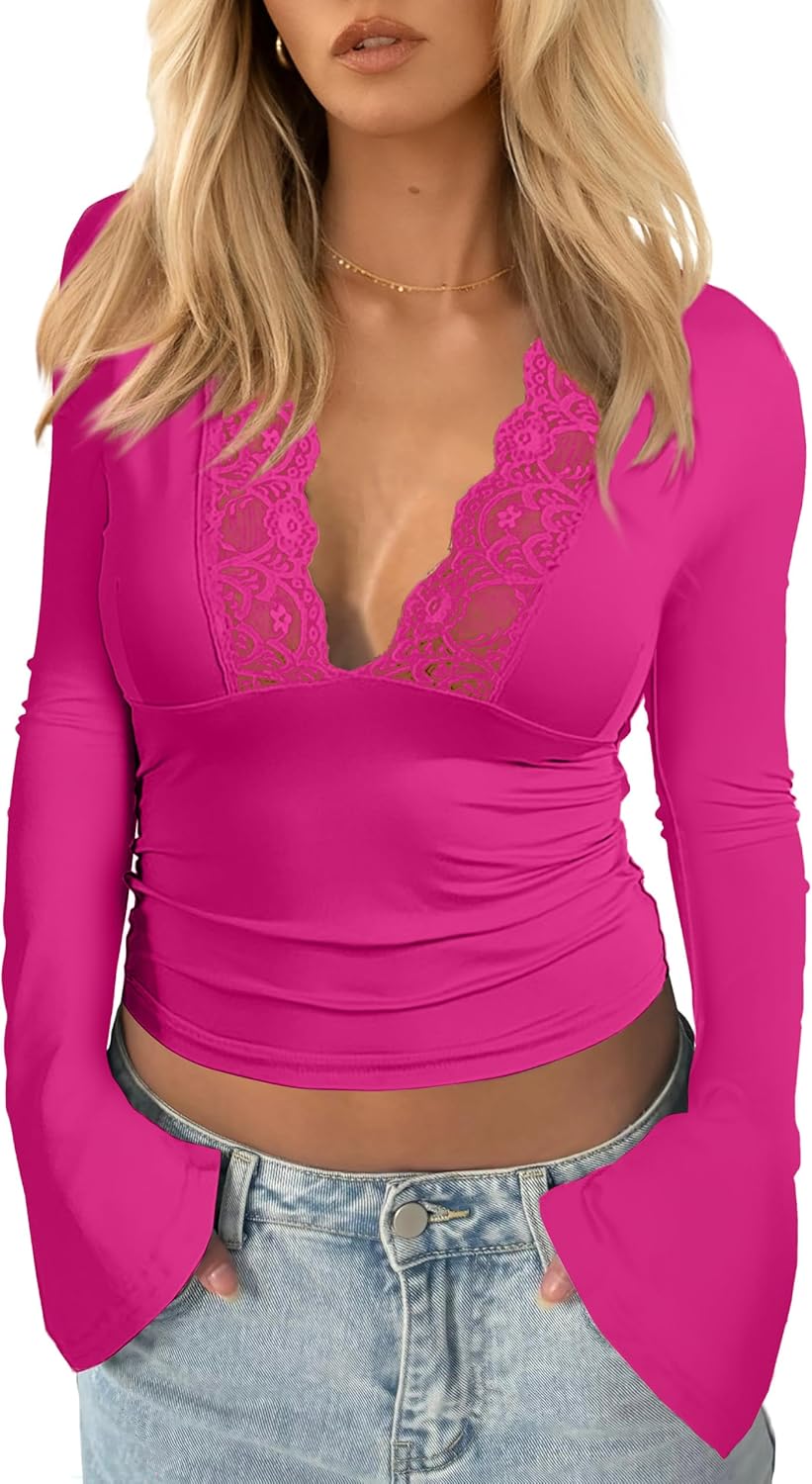 CSDAJIO Women's Lace Deep V Neck Long Sleeve Low Cut Crop Top Slim Fitted T Shirt Fall Going Out Shirts