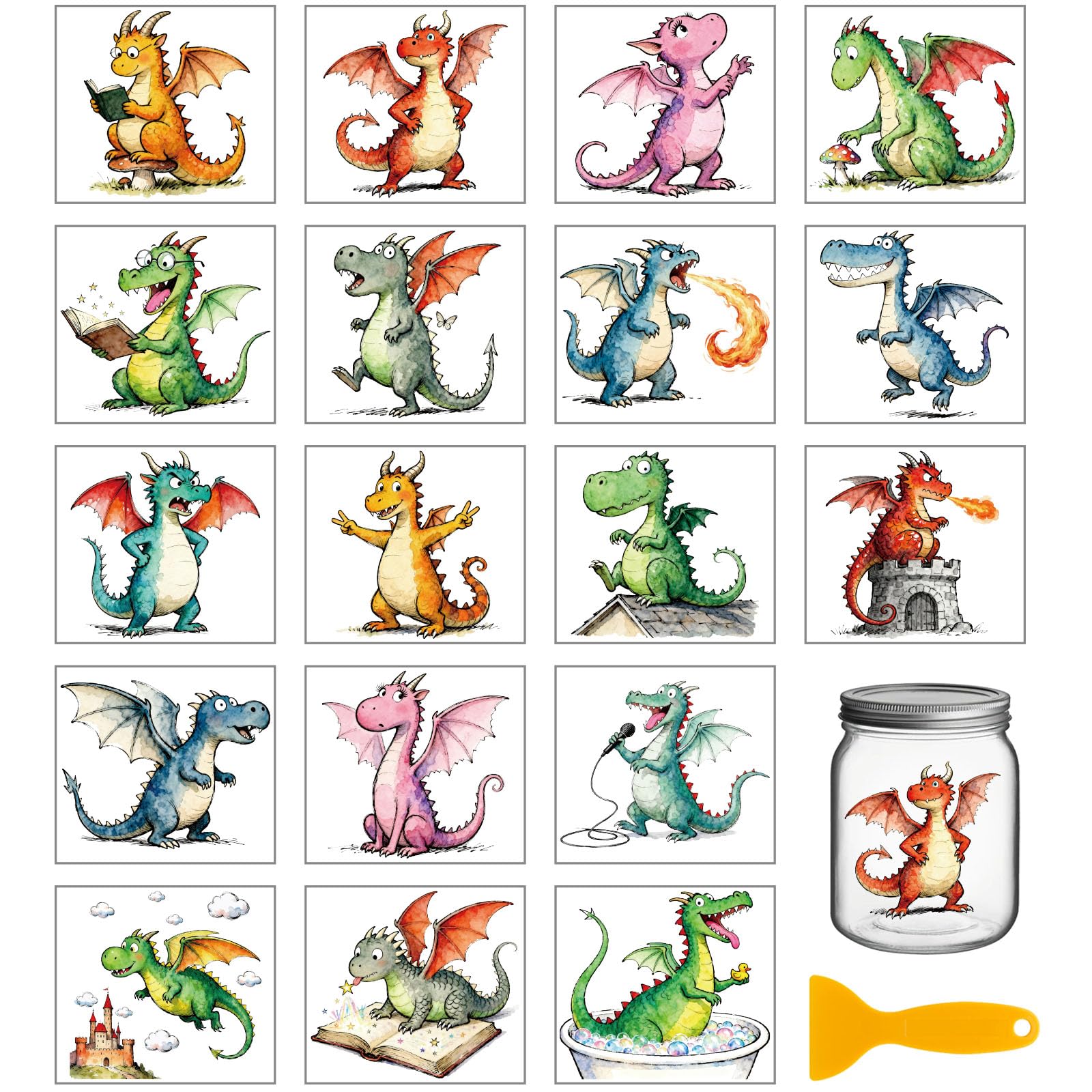 GLOBLELAND 18 Sheets Funny Cartoon Dragon Transfer Stickers 3.9x3.6inch Cute Dragon Rub on Transfer Stickers Colorful Decal for Furniture Vase Glass Mason Jar Decorations Art Crafts