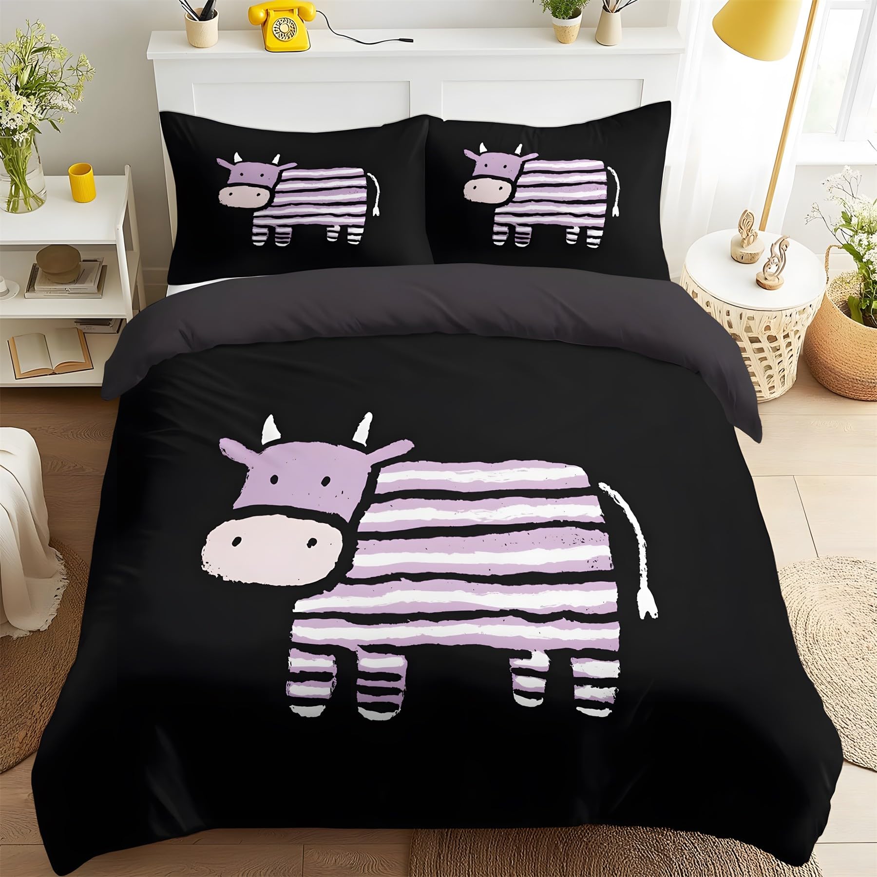 Parure de lit 90x190 enfant vache housse de couette violette microfibre