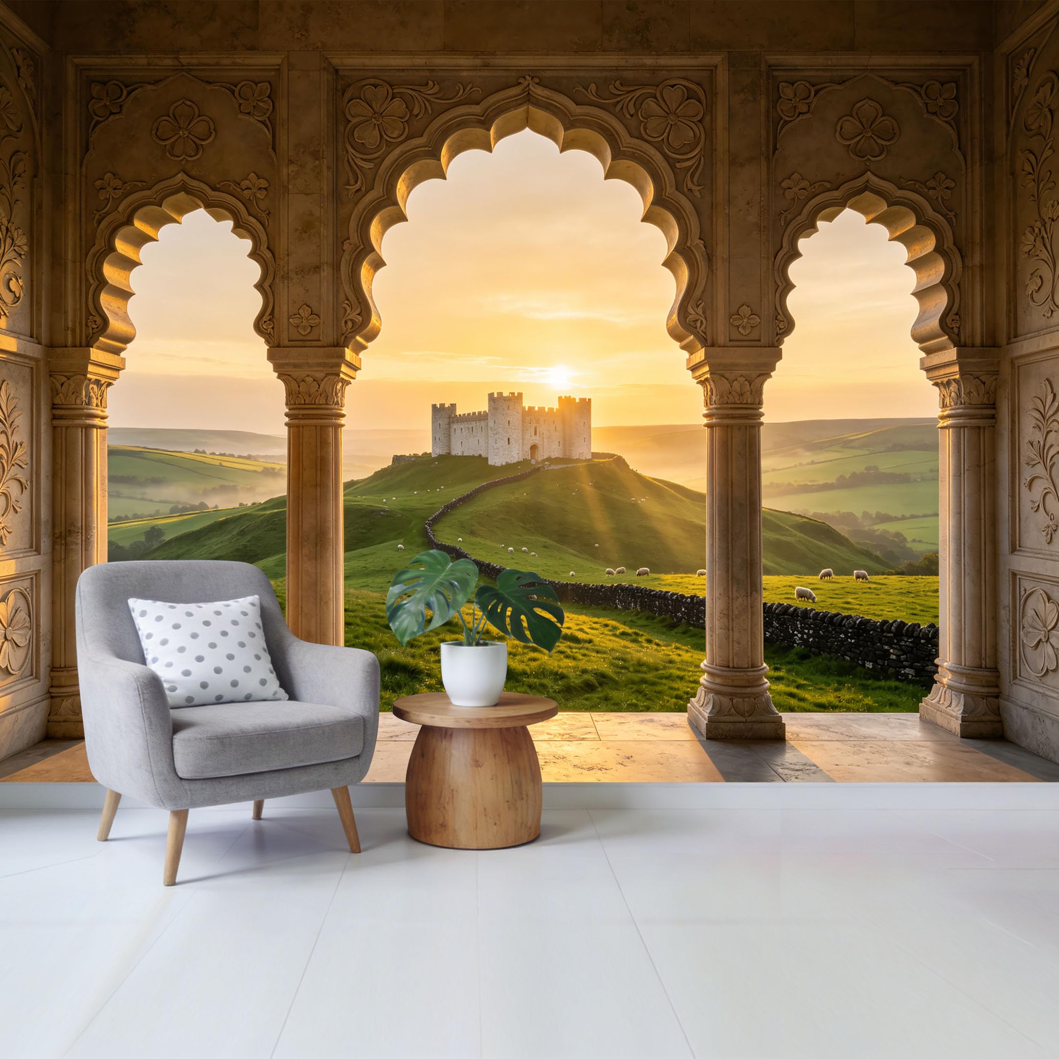 Custom Size Wall Mural Medieval Castle Sunset Landscape View Through Ornate Archway Removable Self Adhesive Fabric Home Wall Decor for Living Room Bedroom Bathroom