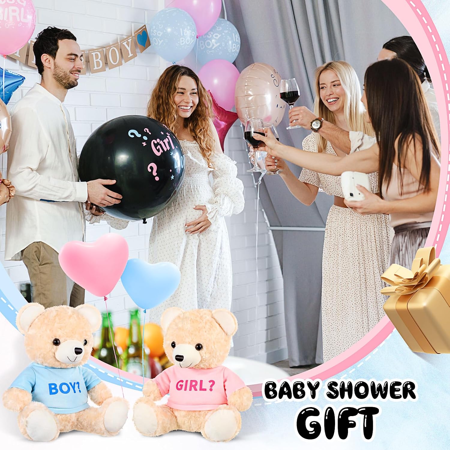 Hollowfly 2 Pack Boy or Girl Bears 14 Inch Blue and Pink Plush T-Shirt Bears Toy for Gender Reveal Baby Shower Decoration