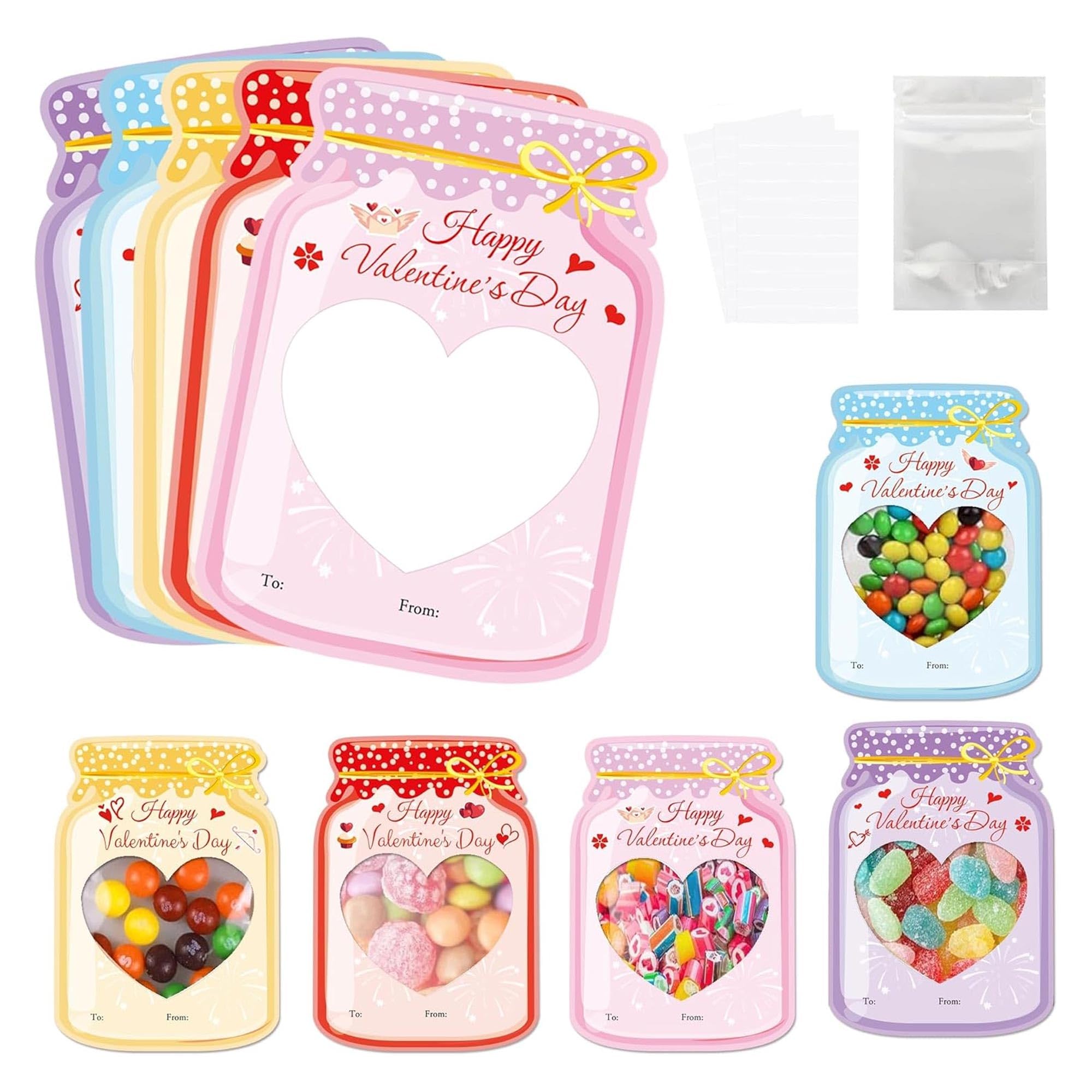 Well Tile 50 Set Valentines Day Cards Mason Jar Shape Happy Valentine's Day Gift Card DIY Crafts Art Cards for Boys Girls School Class Classroom Party