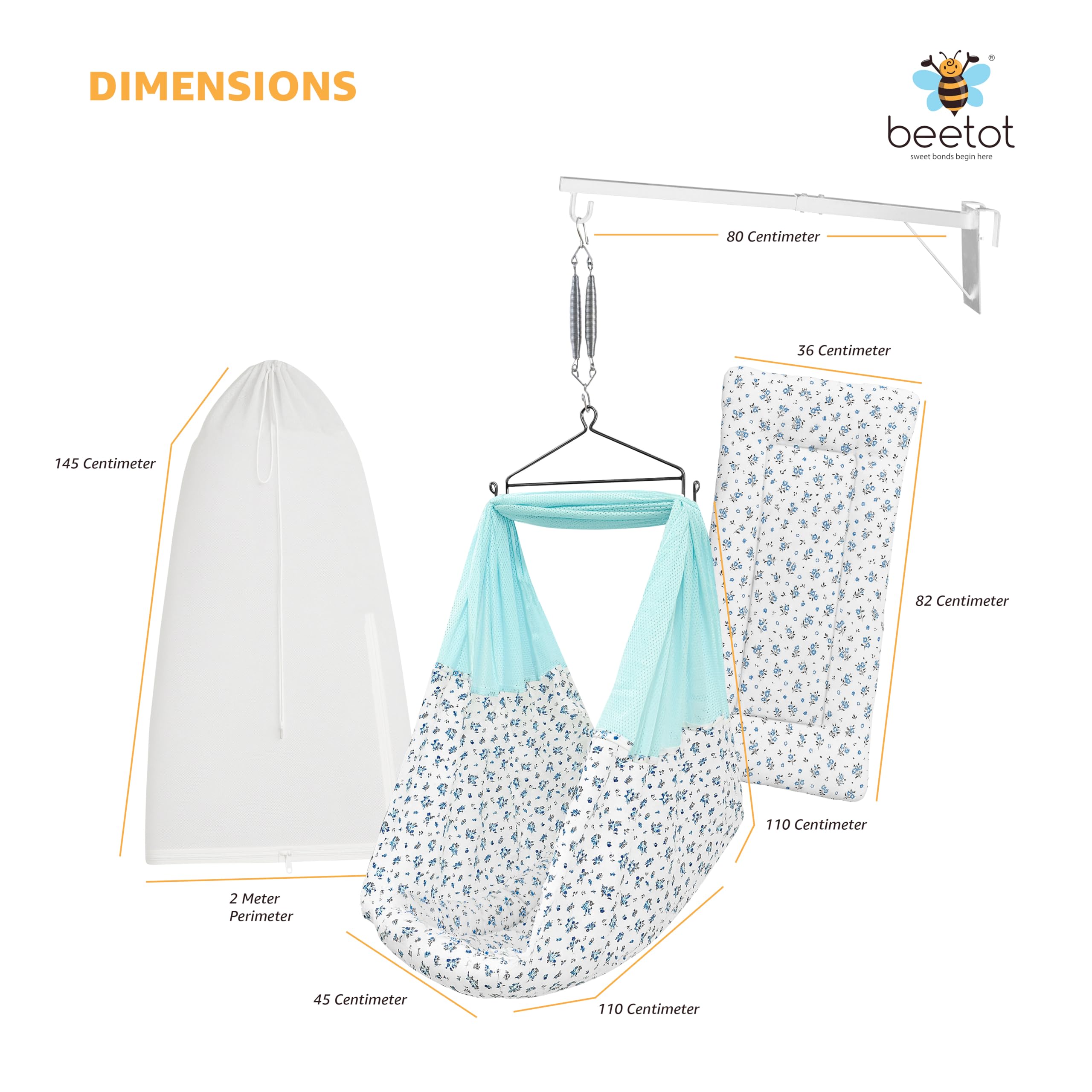 beetot Baby Cradle Swing/Jhula (Thottil Cloth, Palna, Dolna) Set | Hanging Cradle with Padded Bed, Mosquito Net, Spring, Triangle & Window Hanger | Up to 15 kg | 0-2 Years | FS-Emily Blue - Image 8 thumbnail
