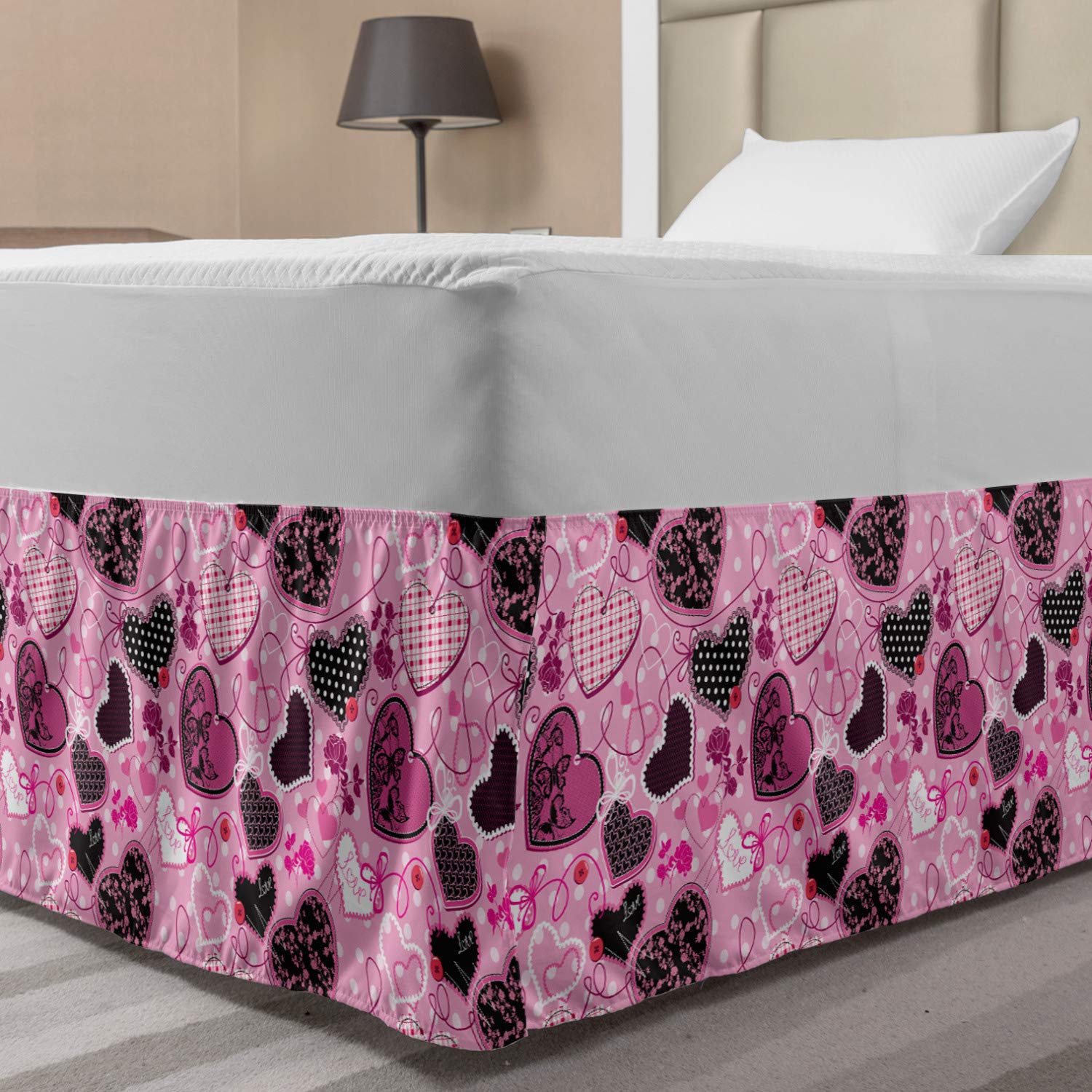 Lunarable Hearts Bedskirt Sewing Themed Love with Polka Dots Valentines Day Inspired Image Bedroom Decor Wrap Around Elastic