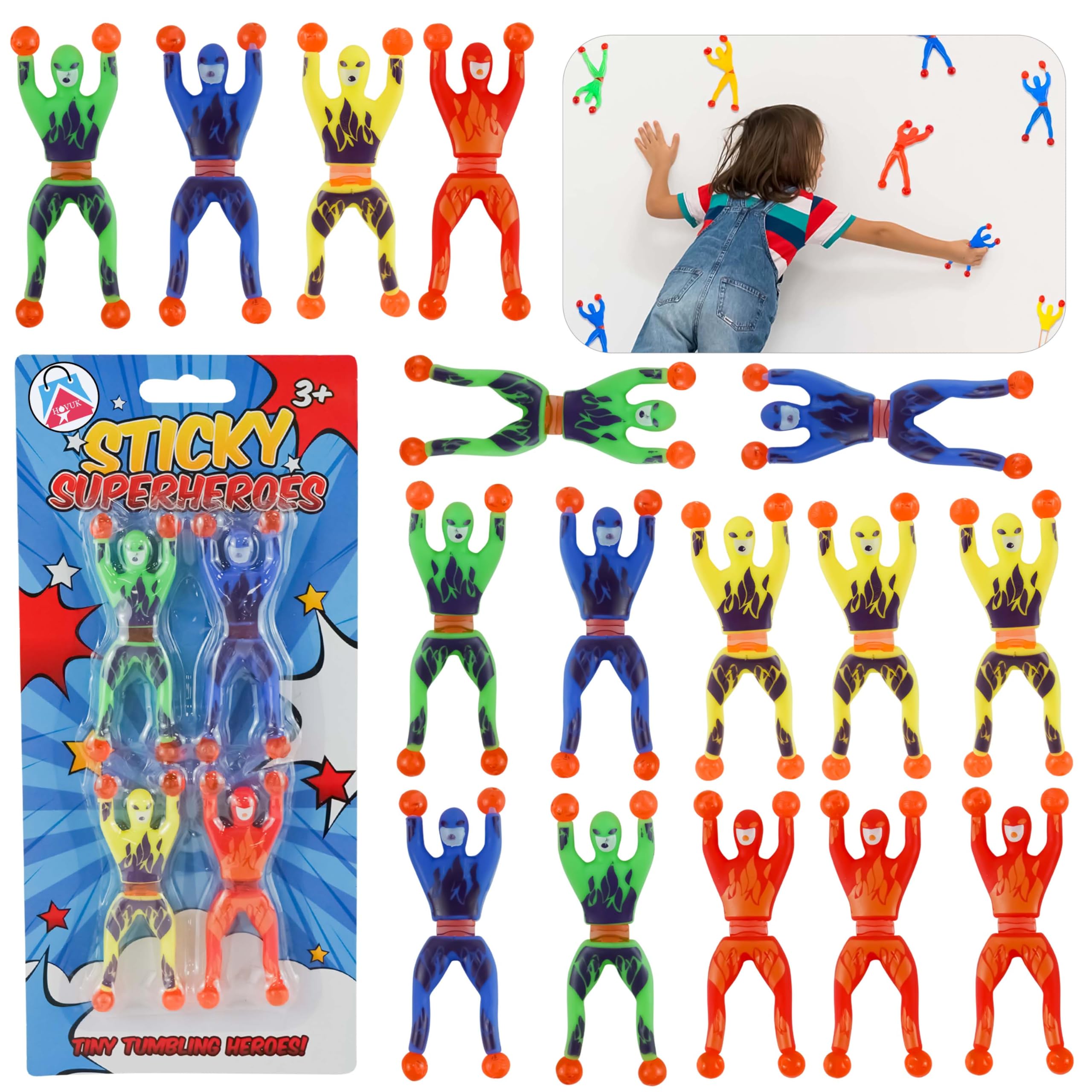 SRV Hub 16Pcs Sticky Wall Climbers Kids Party Bag Fillers, Stretchy Window Crawler Toys, 9.5cm Sticky Rolling Men Superheroes, Fun Birthday Gifts for Boys Girls Age 3+