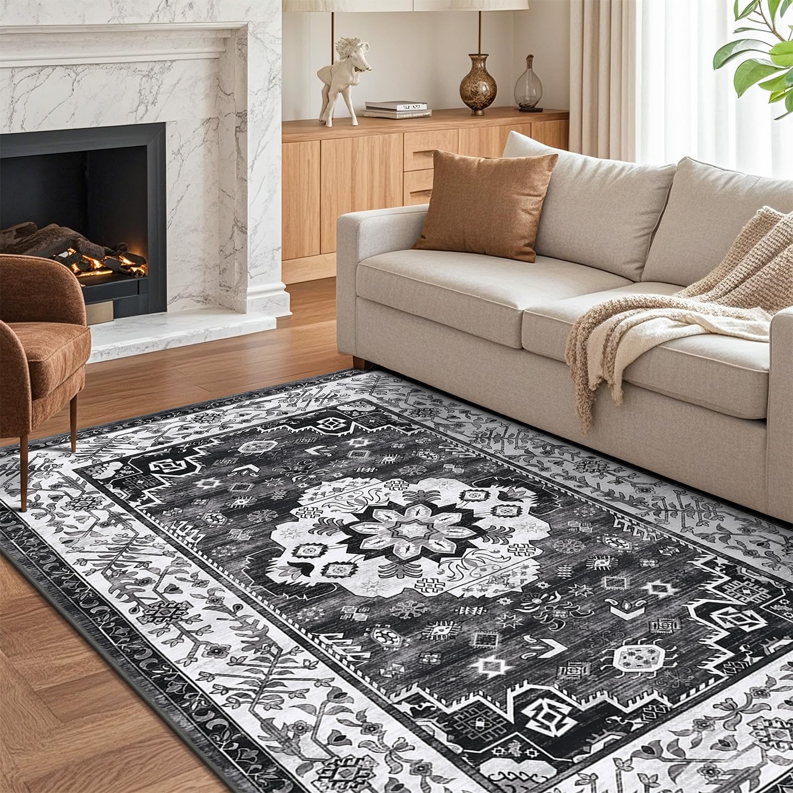 Enyhom Boho Großer Teppich, 160 x 230cm rutschfest Waschbar Bodenteppich Vintage Hochwertiger Weich Wohnzimmerteppich Robuste Kurzflor Flächenteppiche für Schlafzimmer Küche Esszimmer, Dunkelgrau