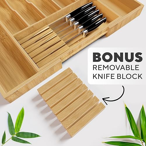 Miniatura 4 de Organizador de cajones de cocina expandible  Bandeja organizadora de 100 % bambú premium  Ideal para cubiertos, utensilios grandes, cubiertos,