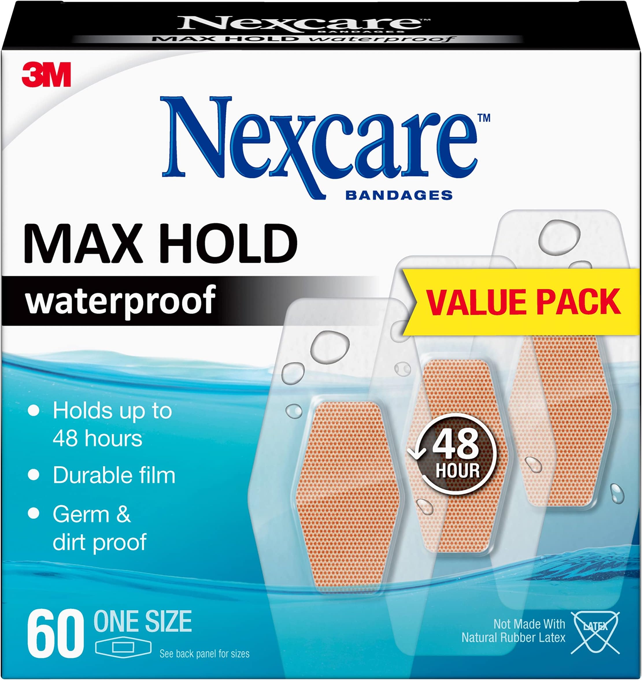 Max Hold Waterproof Bandages: One Size 60 count, 1.25 in. x 2.5 in. (Clear) / 60 count