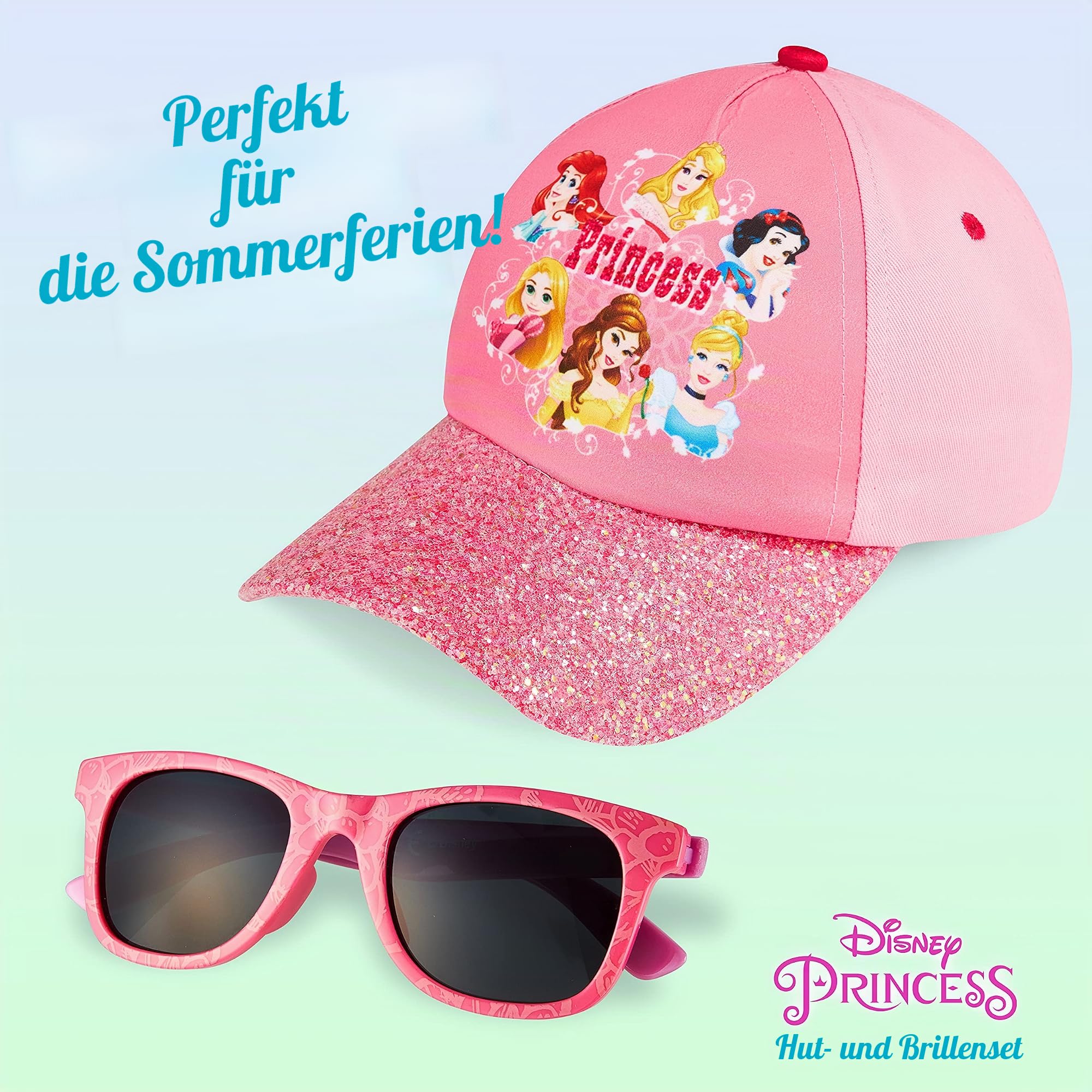 Disney Basecap Kinder Mädchen, Sonnenhut Kinder und Sonnenbrille Set, Prinzessinnen Kappe Mädchen ab 3 Jahren, Einheitsgröße