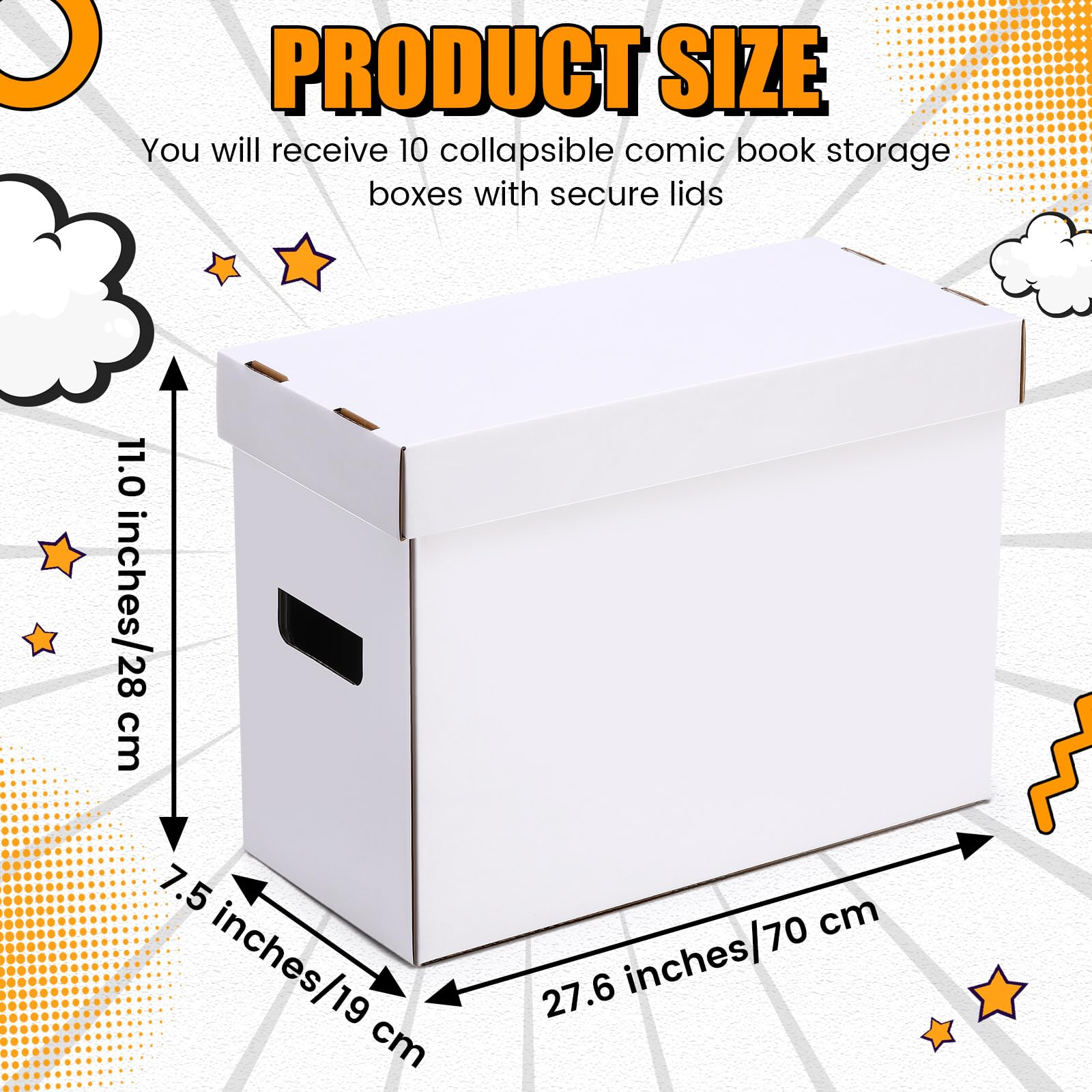 Fuyoooo Comic-Bücher-Aufbewahrungsboxen, für 200–225 Comics, 70 x 19 x 27 cm, stapelbar, für kurze Comic-Mülleimer, Pappbox für zusammenklappbare Zeitschriften, Bücher, Sammelzubehör, 10 Stück