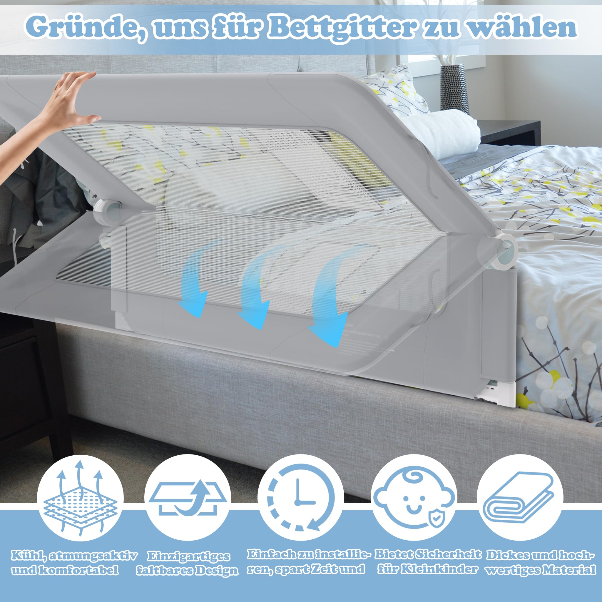 UISEBRT Griglia di protezione del letto, 200 cm, pieghevole, per bambini, protezione dalle cadute, altezza regolabile per lettino, traspirante, con custodia, colore: grigio