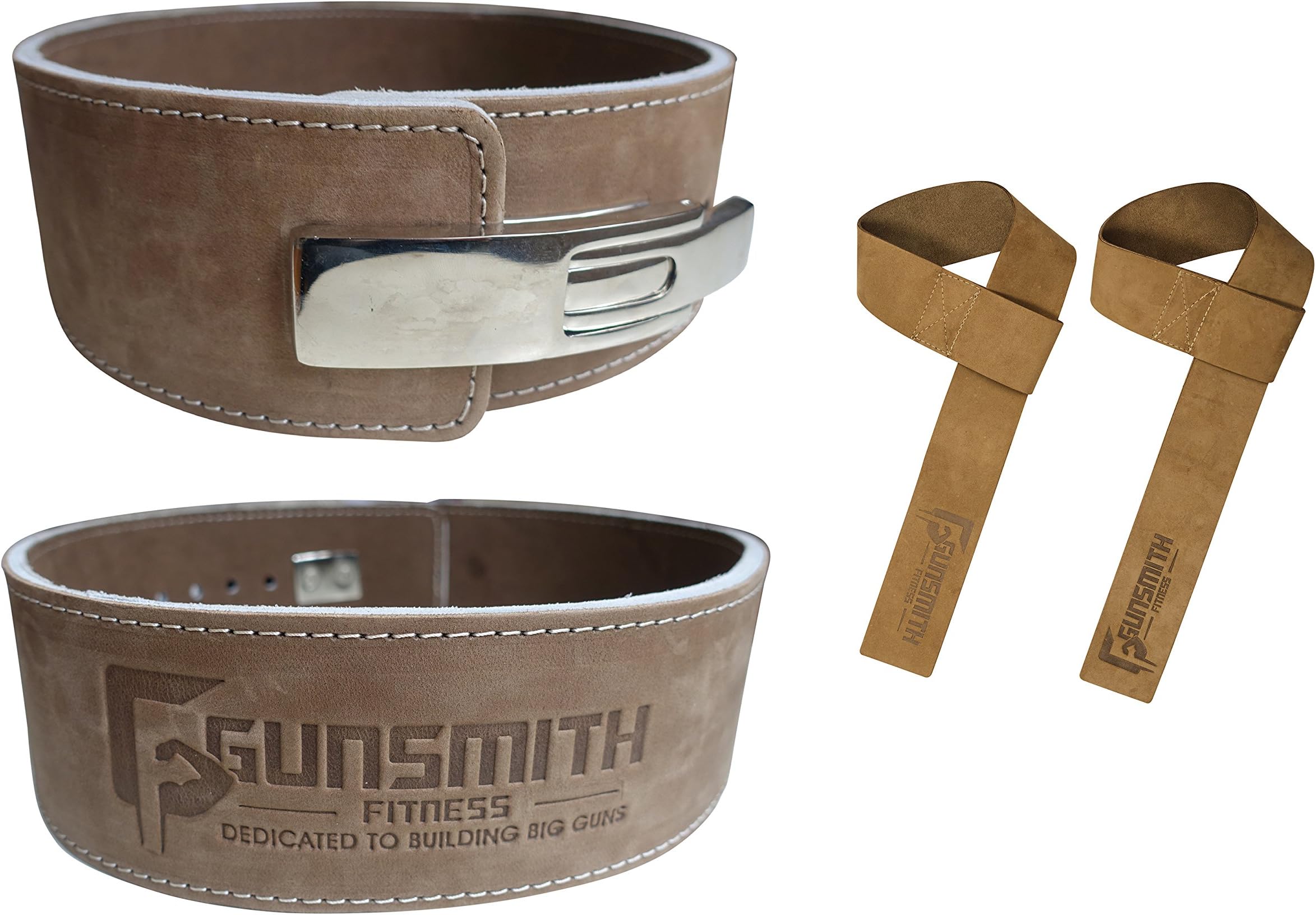 Gunsmith Fitness - Stainless Steel Lever Lifting Belt Premium Handmade Leather Belt - 4 Inches Wide, 10 MM Thick - Maximum Support & Protection + Bonus 2" Wide Leather Lifting Straps
