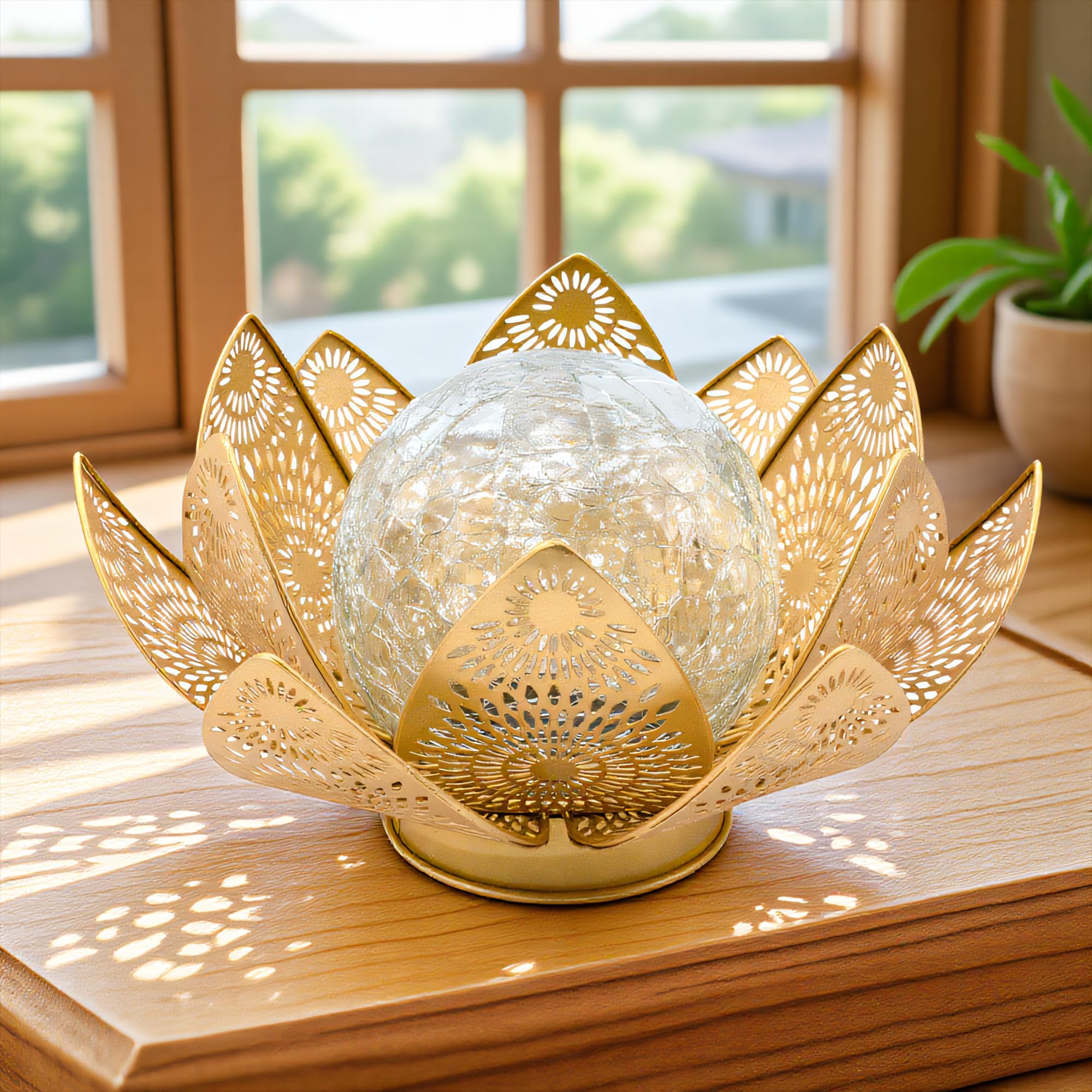 Solarleuchten für den Außenbereich, wasserdicht, IP65 – Lotusblumenlaterne mit Craquelé-Glas & Metallblüten, Gartendekoration für Terrasse, Weg, Rasen, automatisches Ein-/Ausschalten, Geschenk