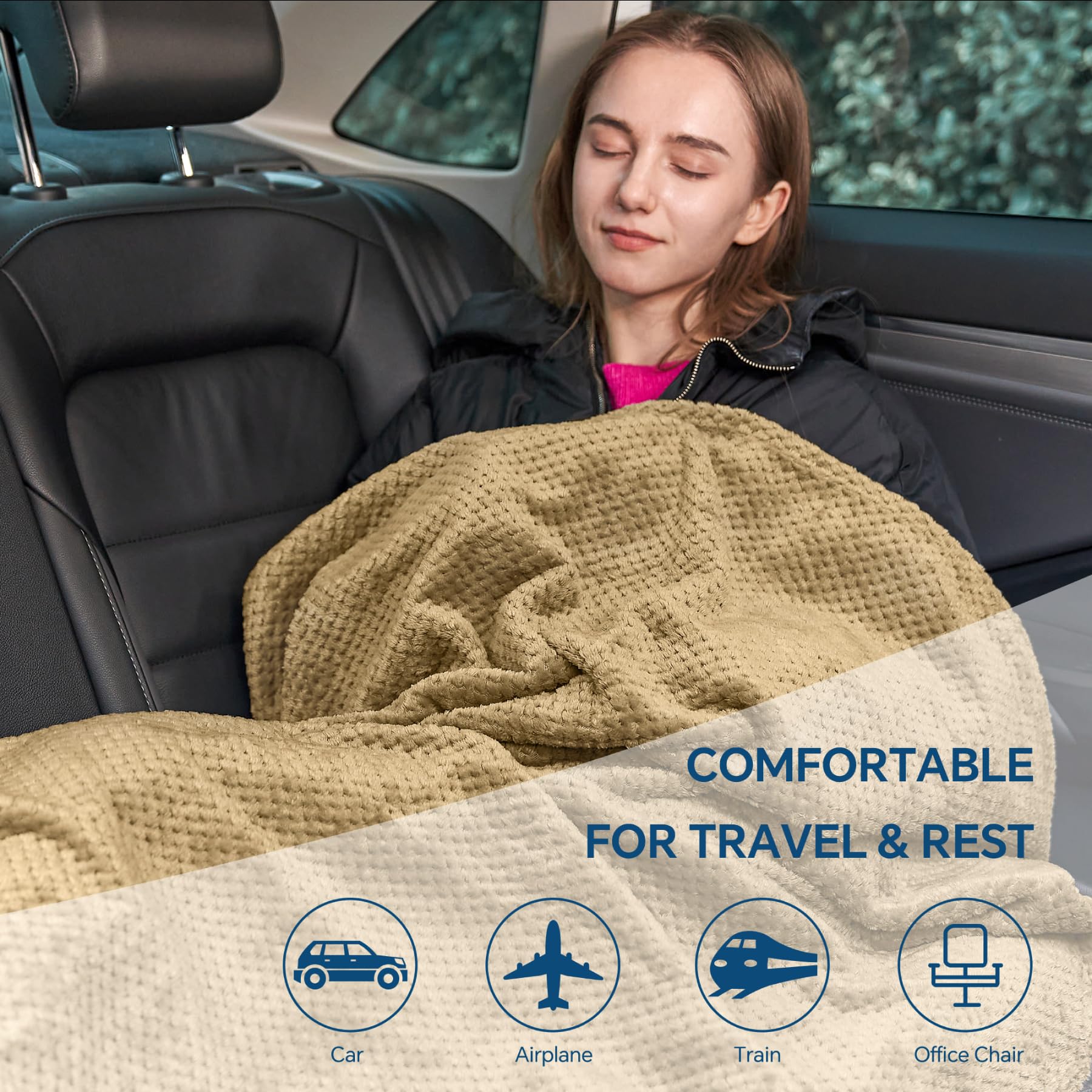 BEDELITE Travel Blanket with Bag, Jacquard Fleece Blanket 65"x40", Camel view 7
