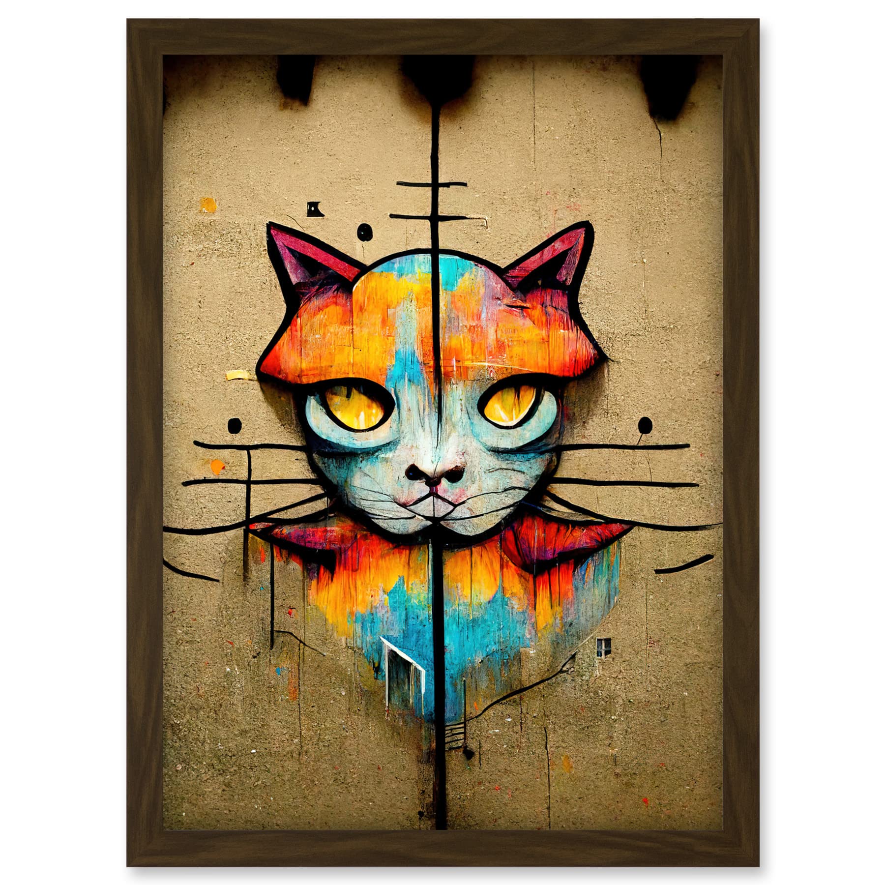 Doppelganger33 LTD Vibrant Symmetrical Street Art Mural Graffiti Cat Artwork Framed A3 Wall Art Print