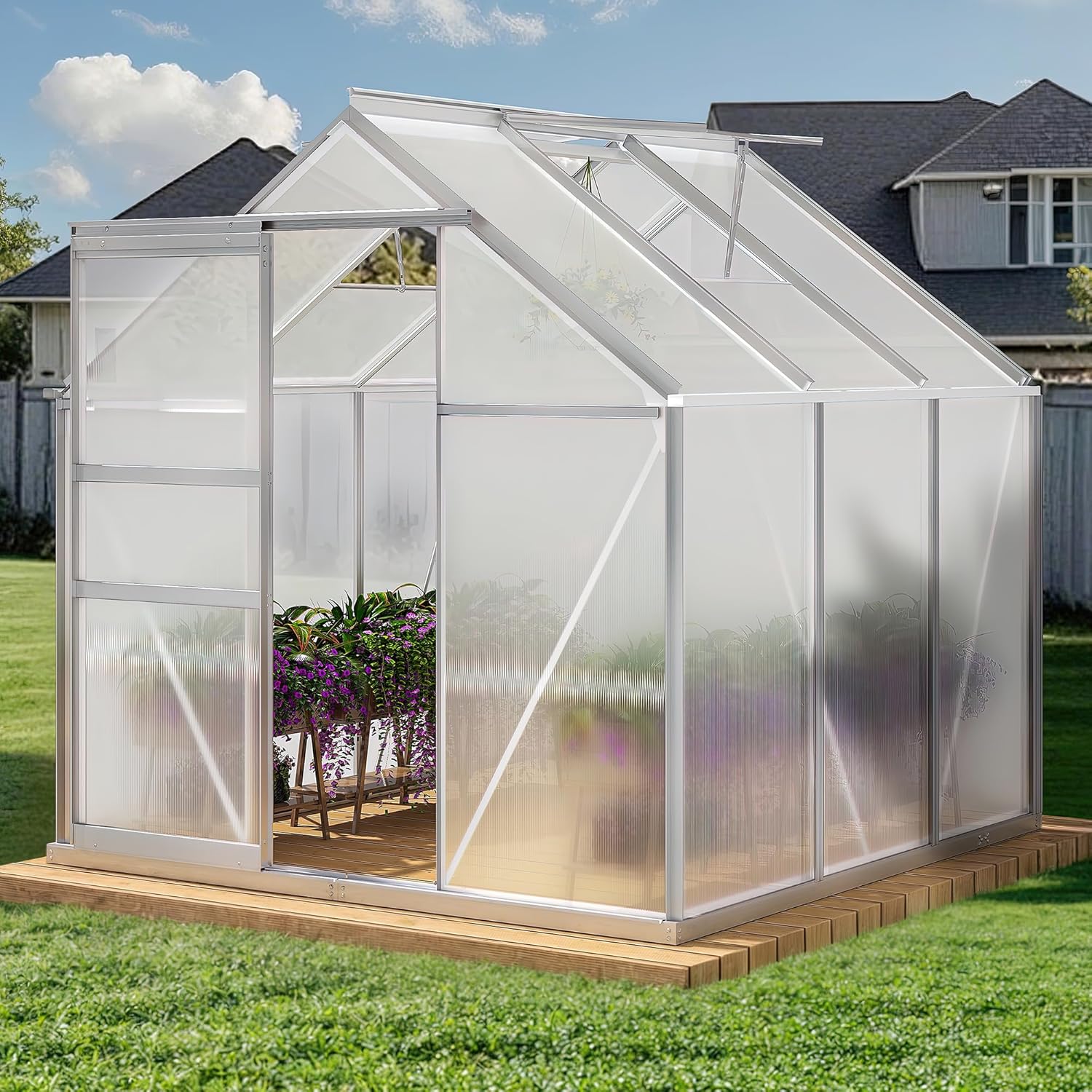 YITAHOME 6x6FT Polycarbonate Greenhouse Heavy Duty Green Houses Outdoor Greenhouses Aluminum Sliding Doors Vent Window Large Sun House for Garden Backyard, Silver Silver 6x6ft