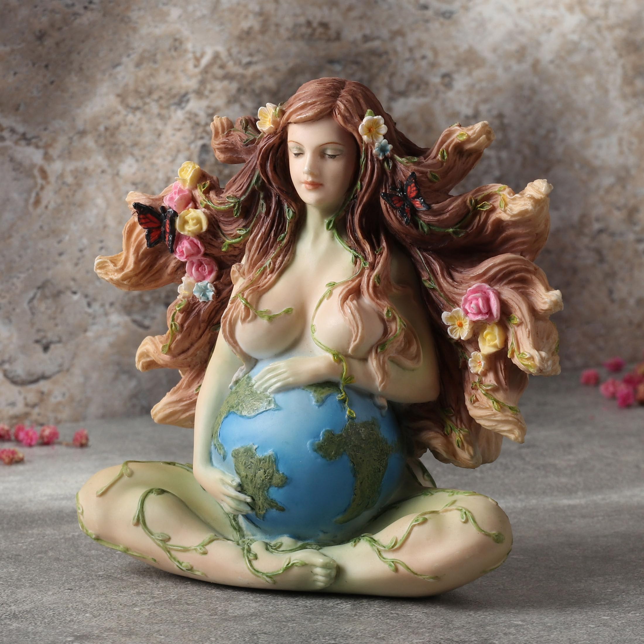 Veronese Design Statuetta in resina dipinta a mano con farfalle e fiori, Madre Terra in gravidanza, 10 cm