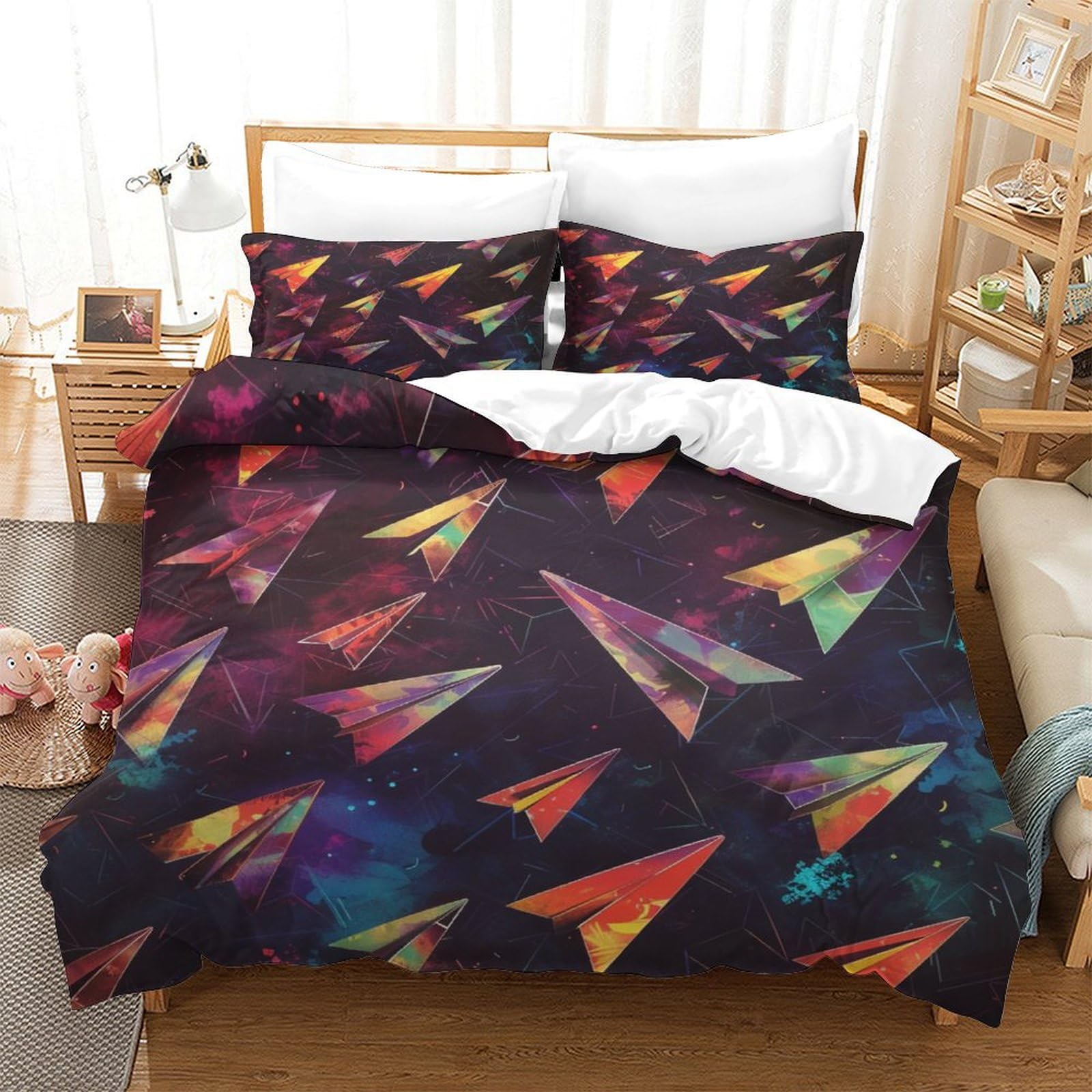 P1s9u7w5y Aircraft Colorful Night Sky 3D Printed Paper Plane Duvet Cover Set 3Pcs Microfiber Graffiti Paper Plane Bedding Set Double（200X200cm）