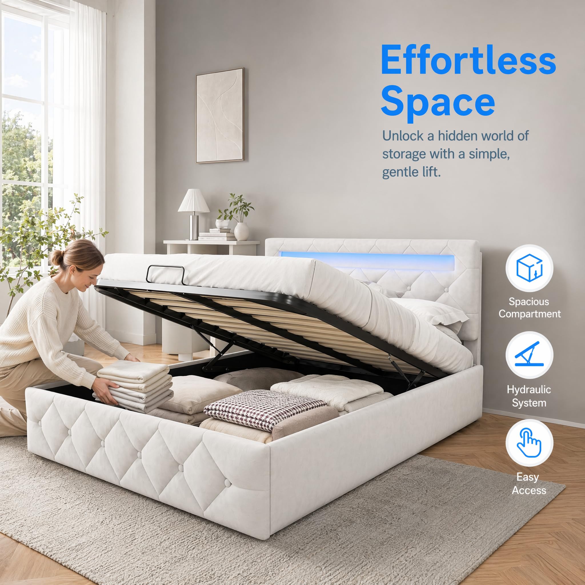 Łóżko tapicerowane z torbą 140 x 200 cm, kufer z diodami LED i portami USB, podwójna tkanina aksamitna, rama z listwami bez materaca (beżowy)