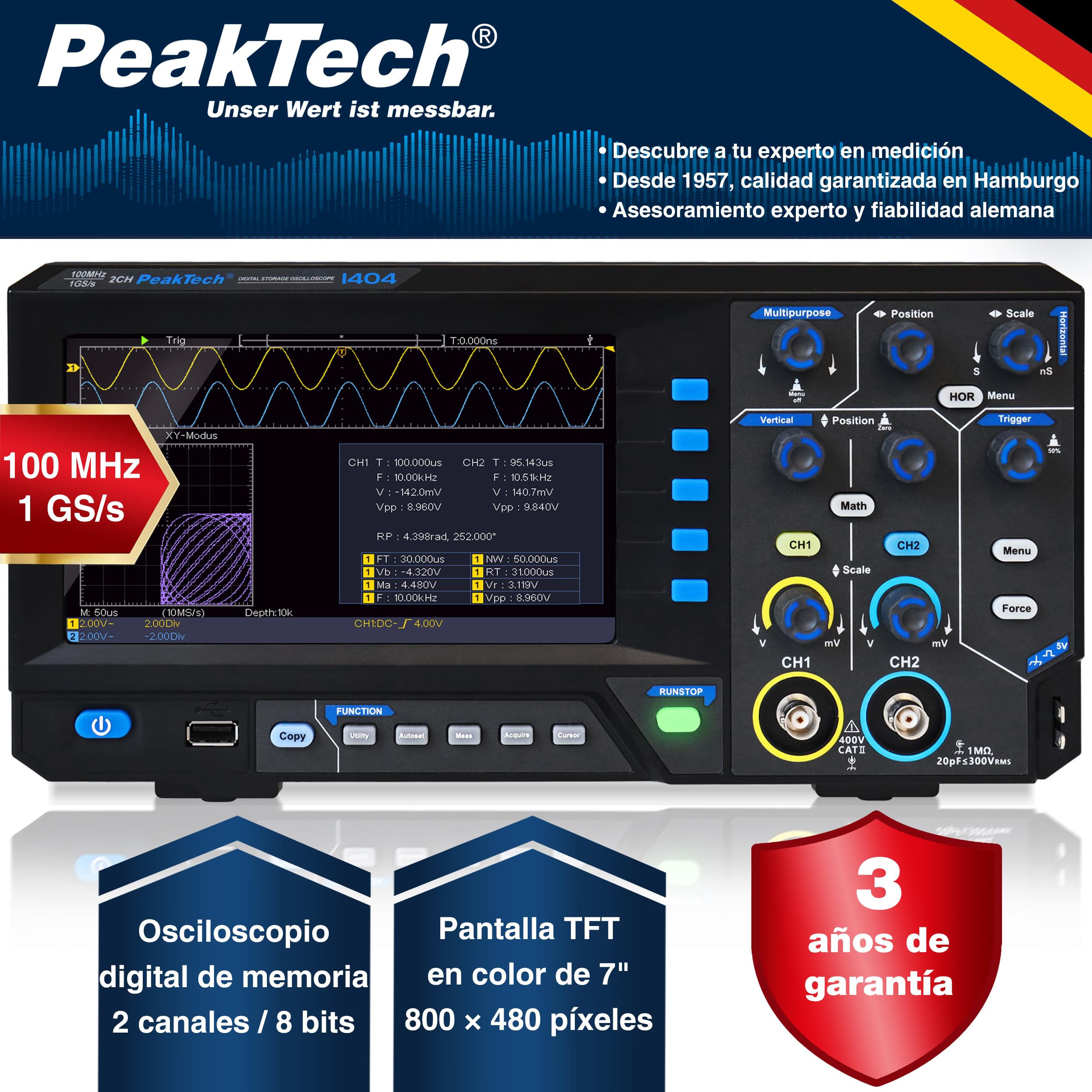 PeakTech 1404 Osciloscopio Digital de 2 Canales con Interfaz USB - 100 MHz, 1GS/s, Software para PC, Negro [3 Años de Garantía]