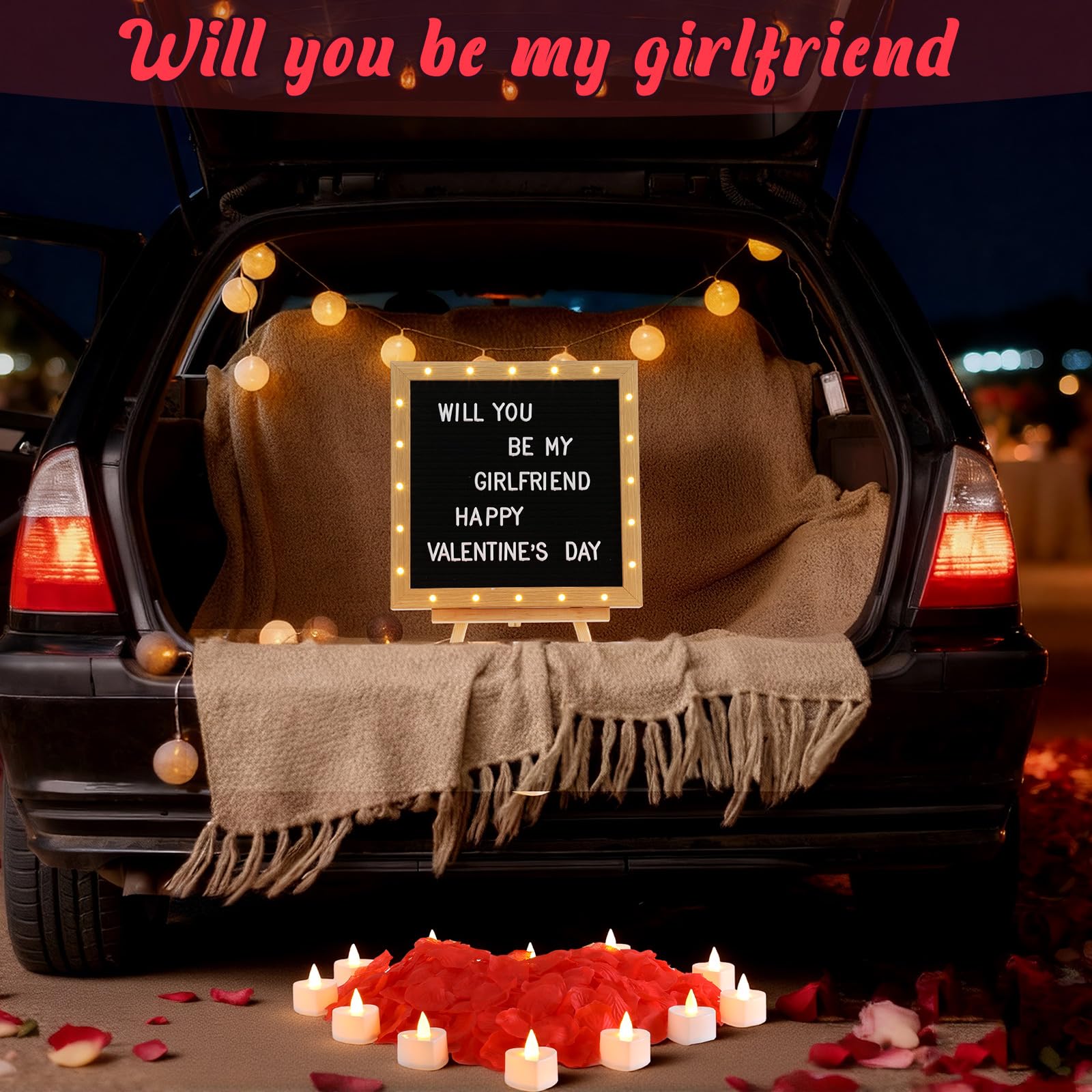 Ceenna Romantische Nacht Geschenkset Schwarz Will You Be My Girlfriend Schild Brief Board Künstliche Rosenblätter LED Kerzen Buchstaben Symbole für Valentinstag Jubiläum Geburtstag Hochzeit