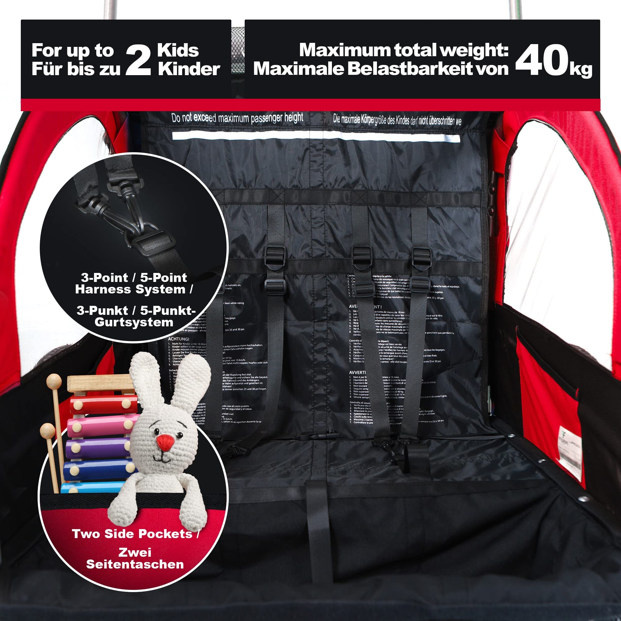 Jago® Rimorchio per Bicicletta - 2 Posti, da Bambini 12+ Mesi, Fissaggio a 5 Punti, Pieghevole, Tasche Laterali, Carico Massimo 40kg, in 3 colori - Carrellino Cani, Passeggino