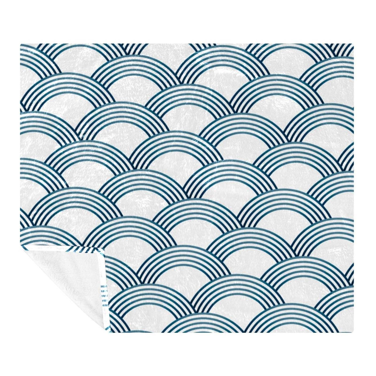 Manta de forro polar, súper suave y lujosa, con escamas de Sashiko, color blanco y azul
