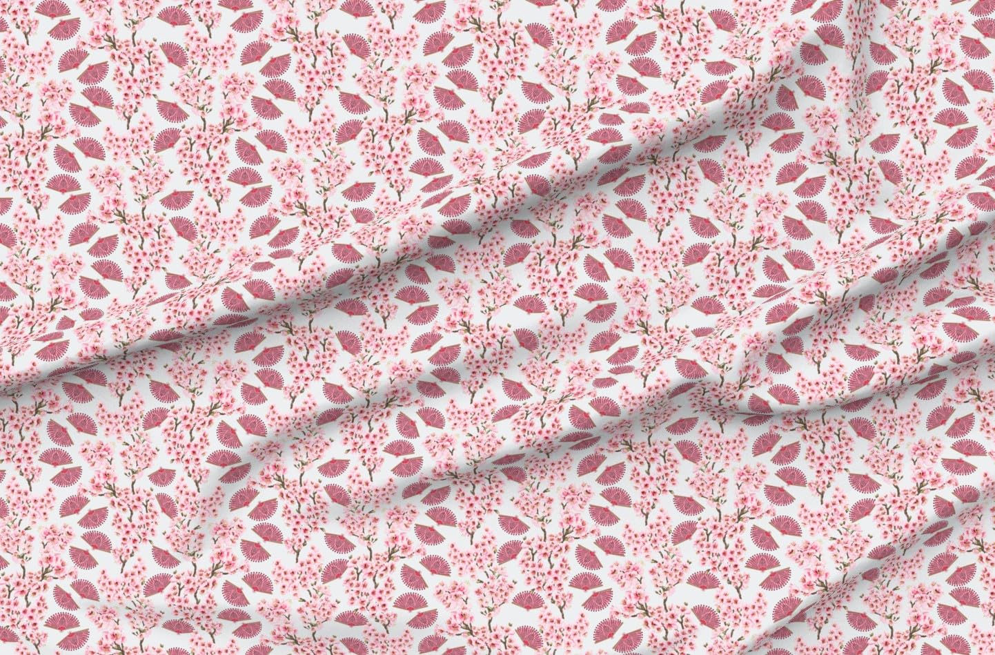 Spoonflower Fabric - Floral Cherry Blossom Chinoiserie Botanical Spring Fans Branches Printed on Polartec(R) Fleece Fabric by The Yard - Sewing Blankets Loungewear and No-Sew Projects