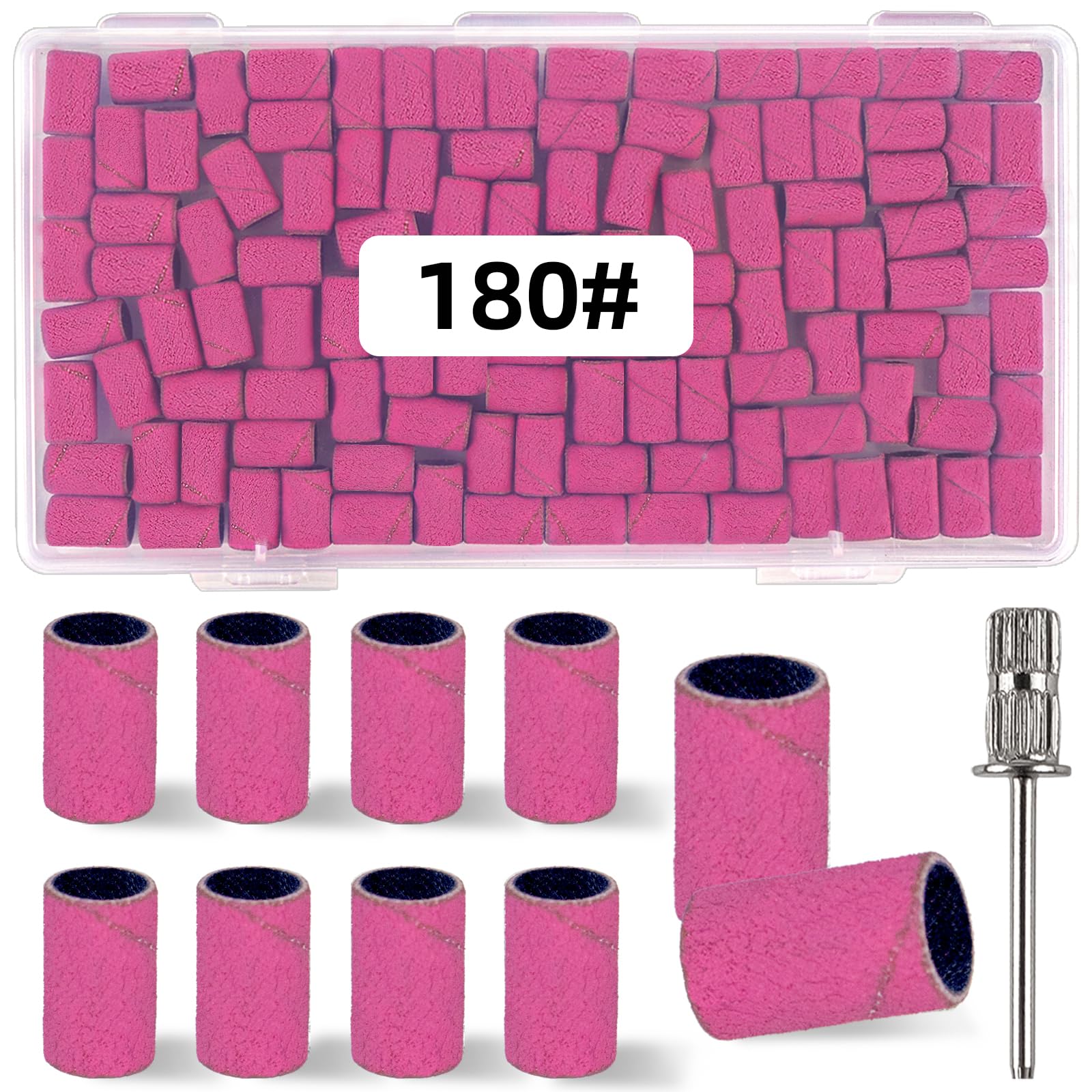 100 unidades (grano 180 rosa) Brocas de lijado para uñas con 0.3 pulgadas de diámetro, brocas de grano fino extremo, brocas de mandril de mejora de banda de lijado, broca profesional para uñas