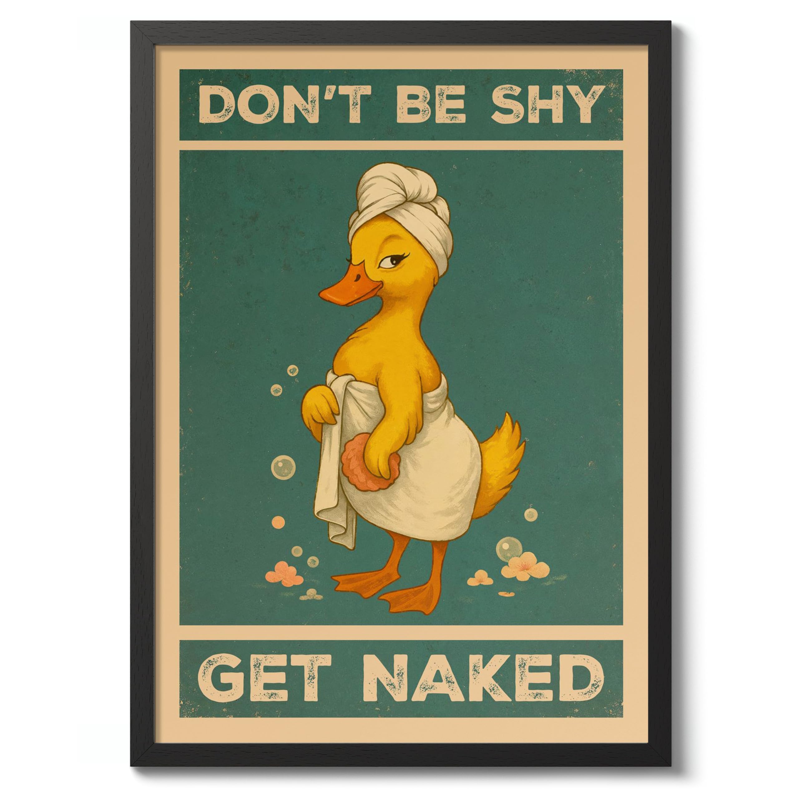Don'T Be Shy, Get Naked Poster, Retro Animal Bathroom Print, Comedy Toilet Wall Art, A4 (Black Frame) - 32.7x24.1cm