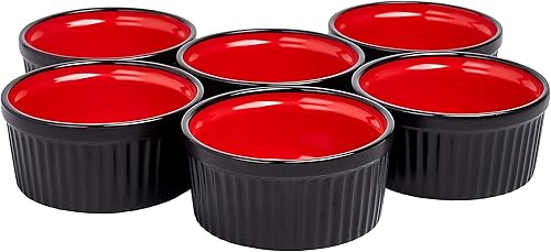 Bruntmor Juego de 6 moldes de cerámica negros y rojos de 4 onzas, platos de hornear perfectos para horno, servir salsas para hornear, cuencos de