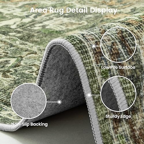 Miniatura 5 de Valenrug Alfombra lavable de 4 x 6 pies, colección verde, alfombra antideslizante y resistente a las manchas, para sala de estar, dormitorio antiguo