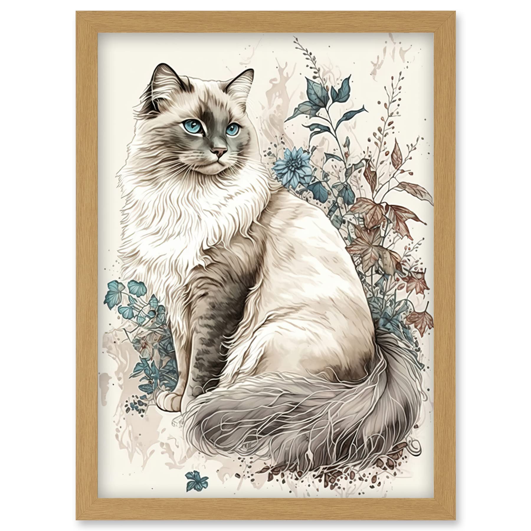 Artery8 Blue Point Ragdoll Cat with Flowers Watercolour Illustration Artwork Framed Wall Art Print A4