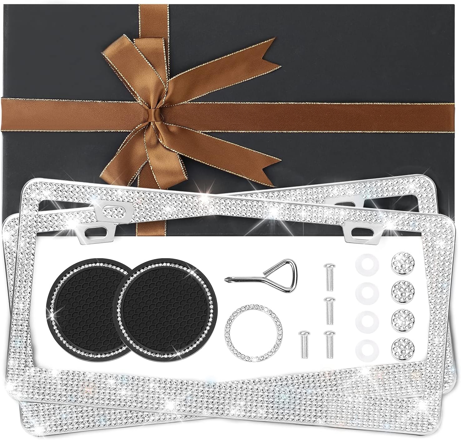 2 Pack Bling Rhinestone License Plate Frames for Women Girly, Bedazzled Sparkly Diamond Car License Plate Covers,Glitter Crystal Stainless Steel Holder with Gift Box Set-Silver