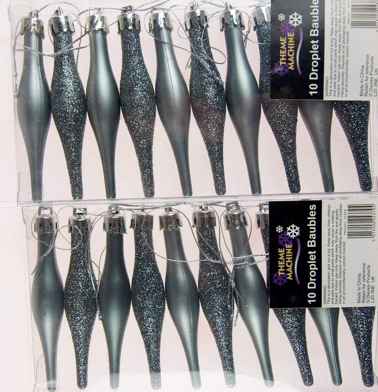 Theme Machine Set Of 20 Christmas Tree Tear Drop Droplet Baubles Decorations - Graphite Grey