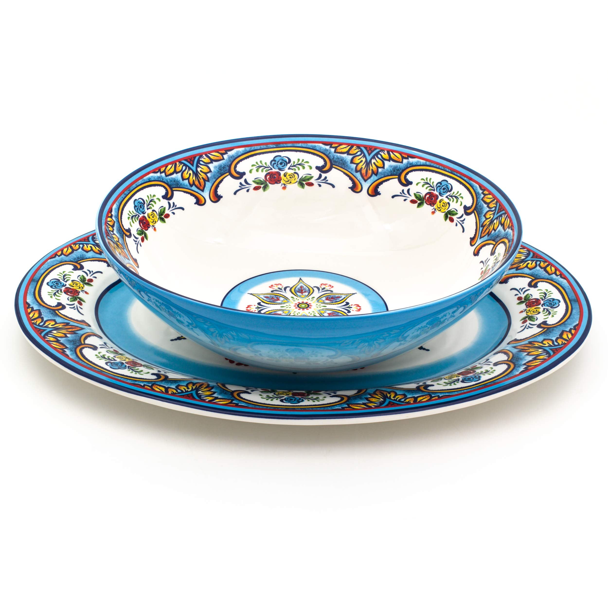 EuroCeramica Zanzibar Collection Vibrant Kitchen and Dining Serveware, 2-Piece Serving Bowl and Oval Platter Set, Spanish Floral Design, Multicolor Blue and White