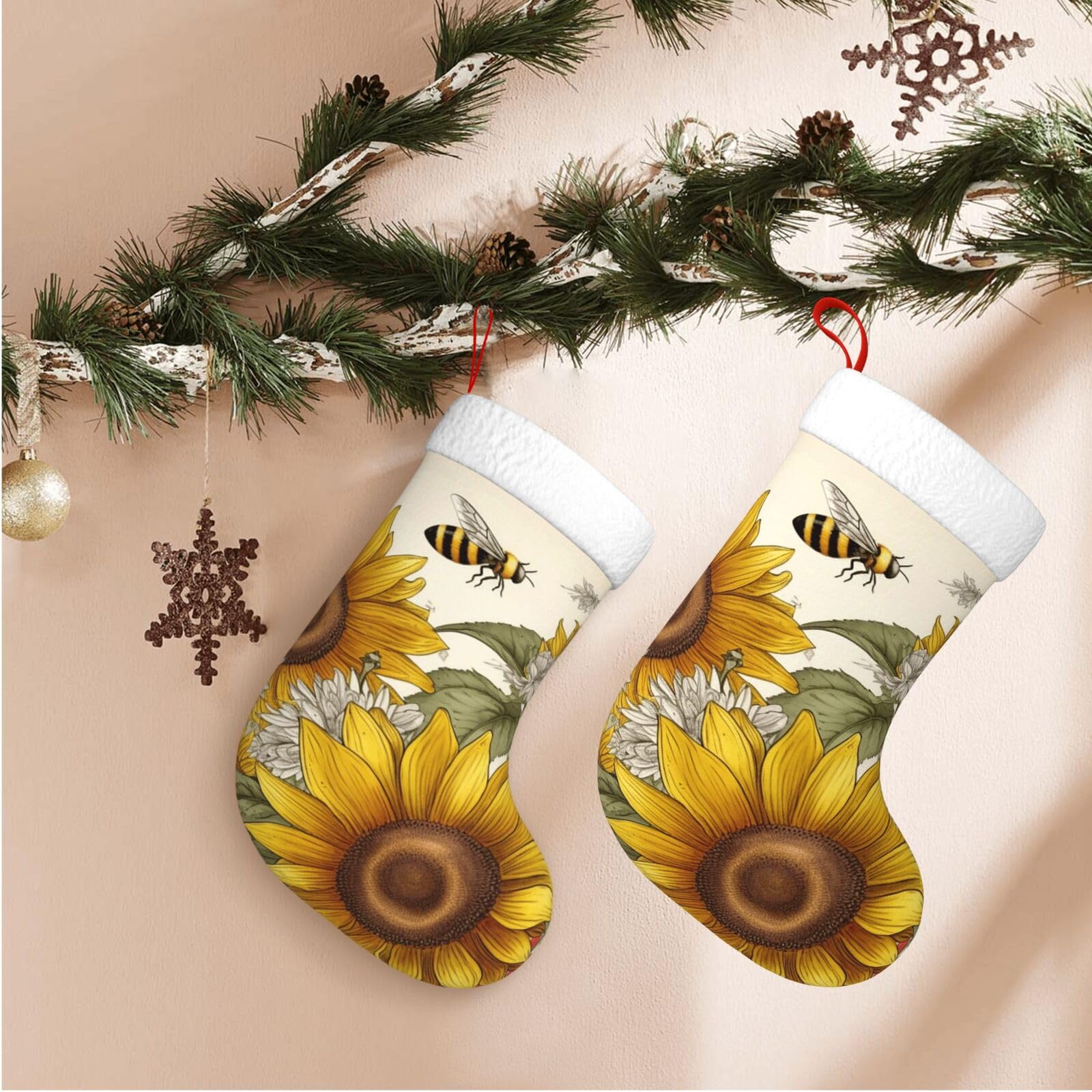 Fodpand Boys Black Bees Sunflowers Daisy Rose Flowers Christmas Stockings Hanging Ornaments For Holiday Decor, 18 Inches Velvet Xmas Stocking With White Plush Cuff, Candy Gift Bags For Christmas Decorations