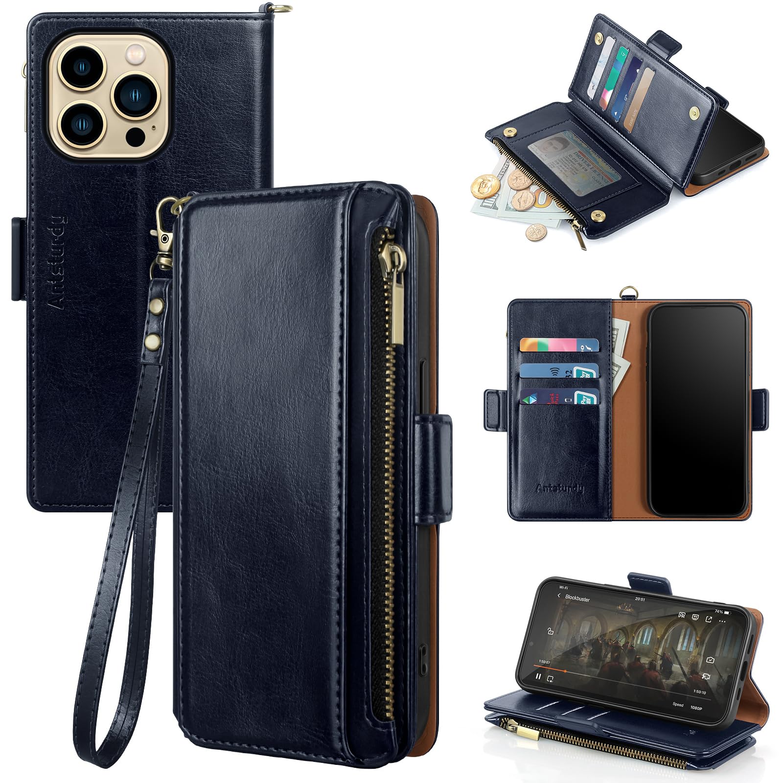 Antsturdy for iPhone 13 Pro Max Phone Wallet Case Women,Dark Blue | RFID Blocking,with Credit Card Holder Slots,PU Leather Purse,Zipper Pocket,Wrist