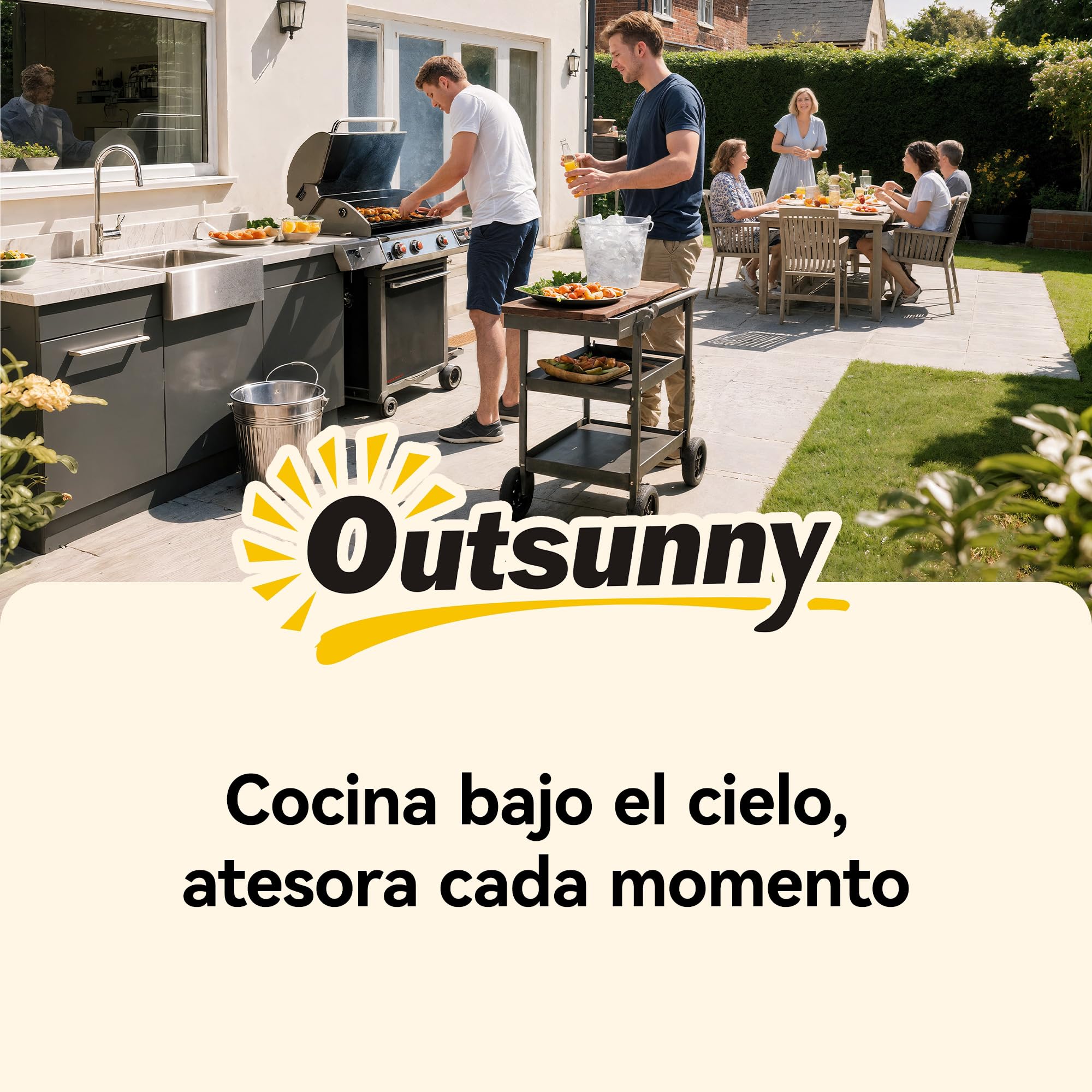 Outsunny Carrito de Barbacoa de 2 Niveles Mesa Auxiliar para Barbacoa Móvil con Ruedas Portabebidas Ganchos Asa Encimera Imitación Madera Mesa de Horno de Pizza para Exterior Negro y Marrón