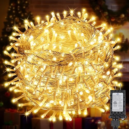 Miniatura 10 de Paquete de 2 Total 136 Pies 400 LED Luces de Cadena Conectables Interior Exterior Cable Transparente, Luces Blancas Cálidas para Árbol de Navidad