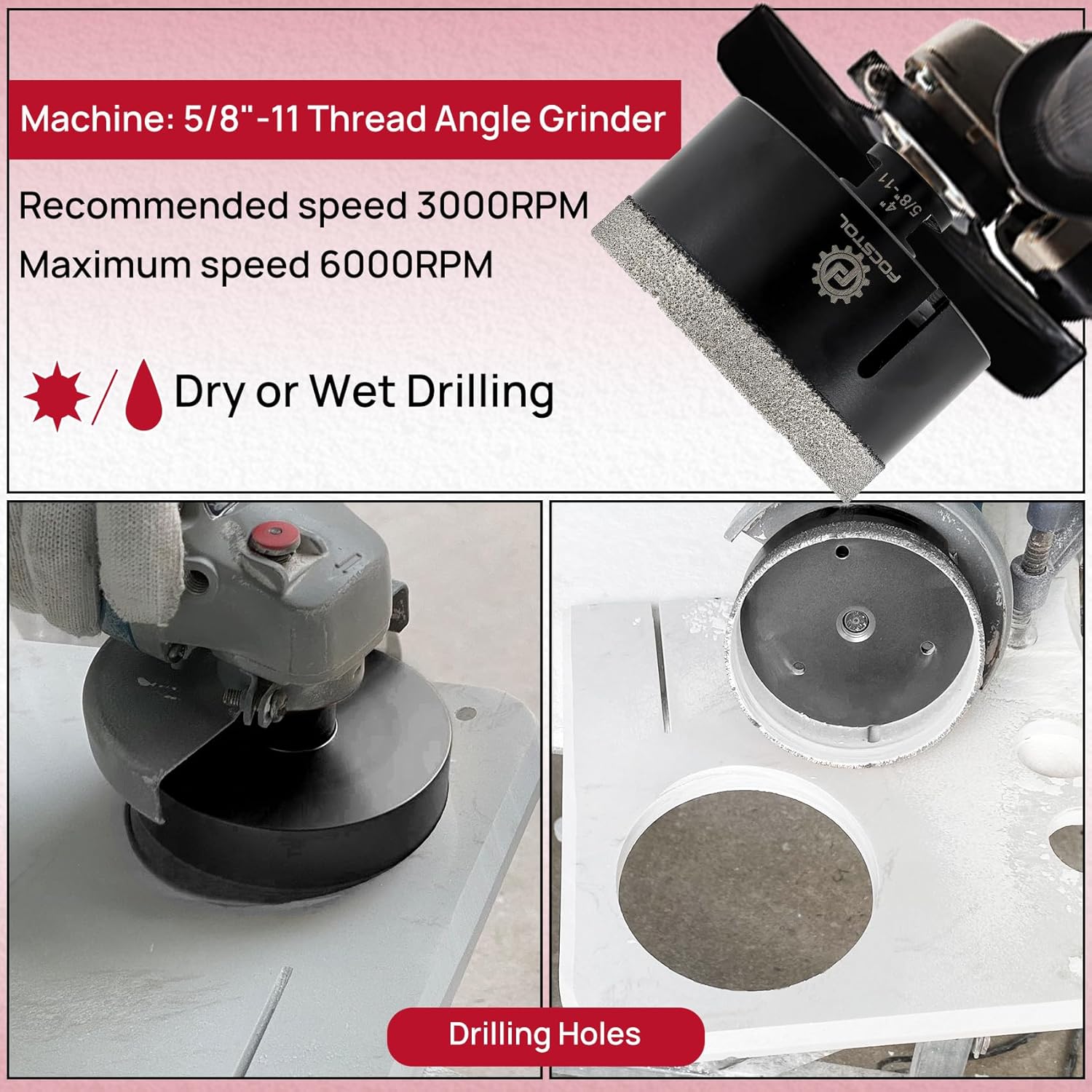 FOCSTOL Diamond Core Drill Bit - 4''(102mm) Vacuum Brazed Diamond Hole Saw for Porcelain Ceramic Tile Marble Granite Quartz 5/8''-11 Thread
