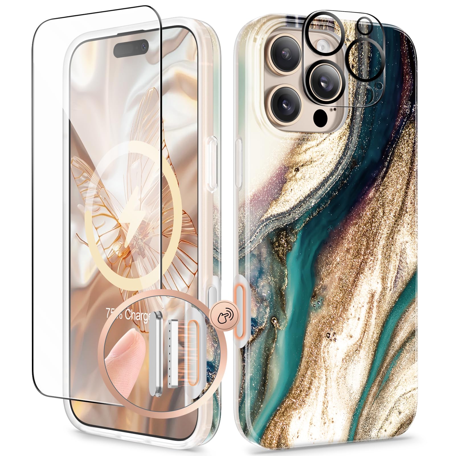 GVIEWIN for iPhone 16 Pro Case Compatible with MagSafe, with Screen & Lens Protectors, Military-Grade Protection Slim Marble Shockproof Magnetic Phone Case for 16 Pro 6.3", Drift Sand/Gold