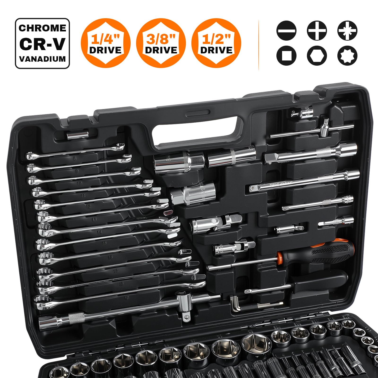 Steckschlüsselsatz, 216 tlg, 1/2"+1/4"+3/8" Zoll Knarrenkasten Ratschenkasten, CR-V Steckschlüssel-Satz, Werkzeugkoffer gefüllt mit Ratschen, Steckschlüssel und Bitsatz