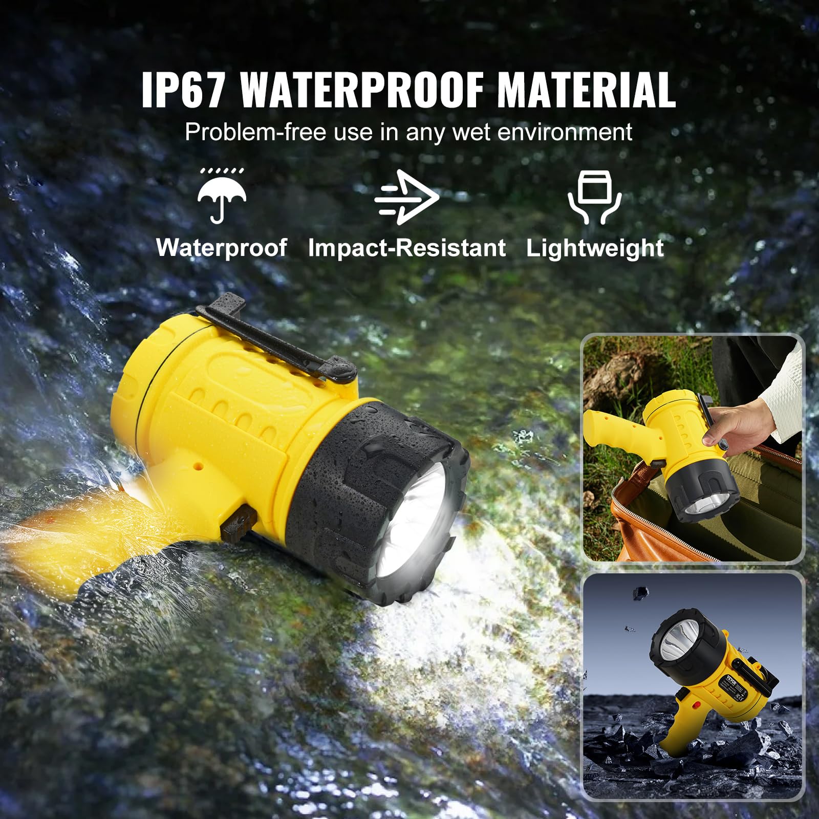 VEVOR Lampe Torche LED Ultra Puissante, 1000000 lm, Lampe de Poche Rechargeable Portable Étanche IP67 avec 4 Modes, Objectif Amovible, Port USB, pour Chasse, Bateau, Camping, Spéléologie, Extérieur
